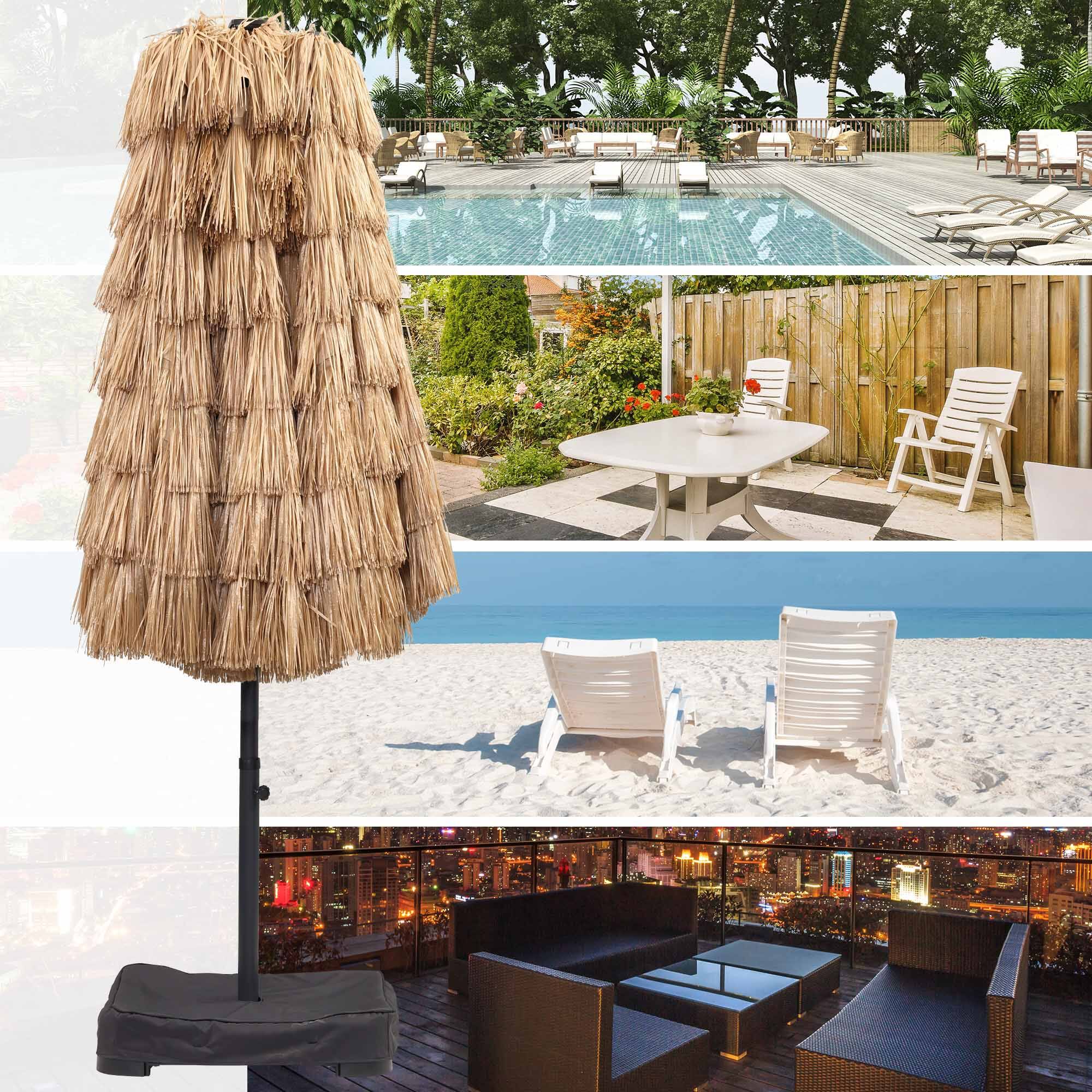 Alt View 4. Ainfox - Ainfox 15ft Solar LED Lights Thatched Tiki Umbrella Hawaiian Style with Crank Lift for Patio Garden Beach Pool Backyard - Nature.