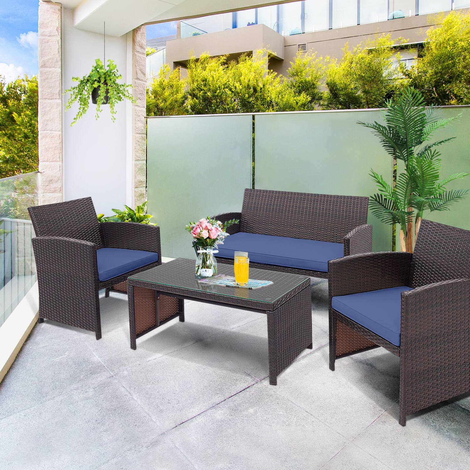 Alt View 3. Gymax - Gymax 4PCS Patio Conversation Set Outdoor Rattan Furniture Set w/ Navy Cushions - Navy.