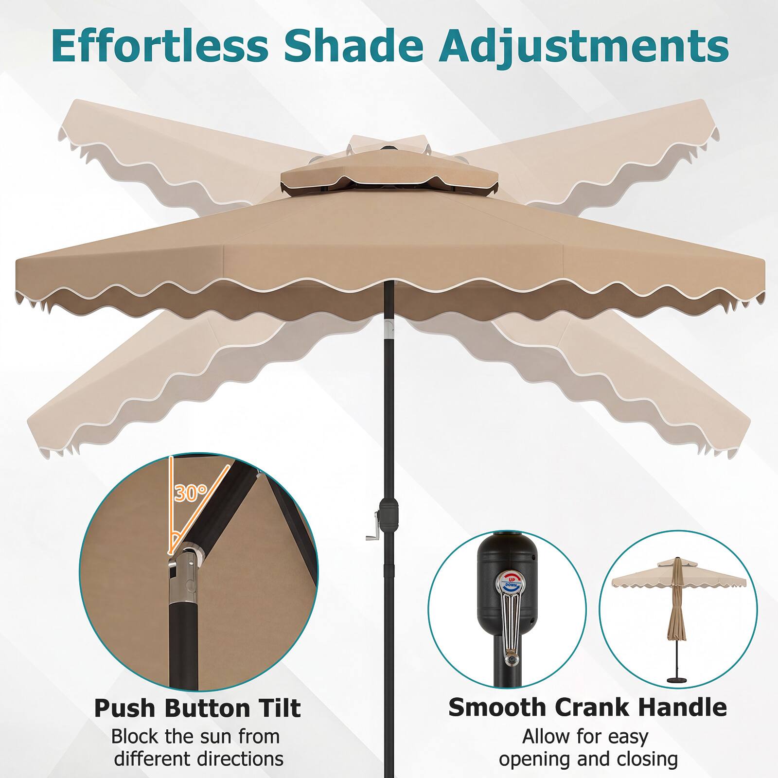 Effortless Shade Adjustments

- Push Button Tilt
  - Block the sun from different directions

- Smooth Crank Handle
  - Allow for easy opening and closing