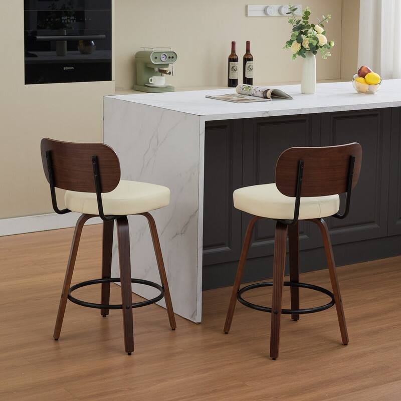 Alt View 4. HTUTWOO - Set of 2 Mid Century Modern Bar Stools, Faux Leather Upholstered with Walnut Back, for Kitchen Counter, HomeBar - Beige.