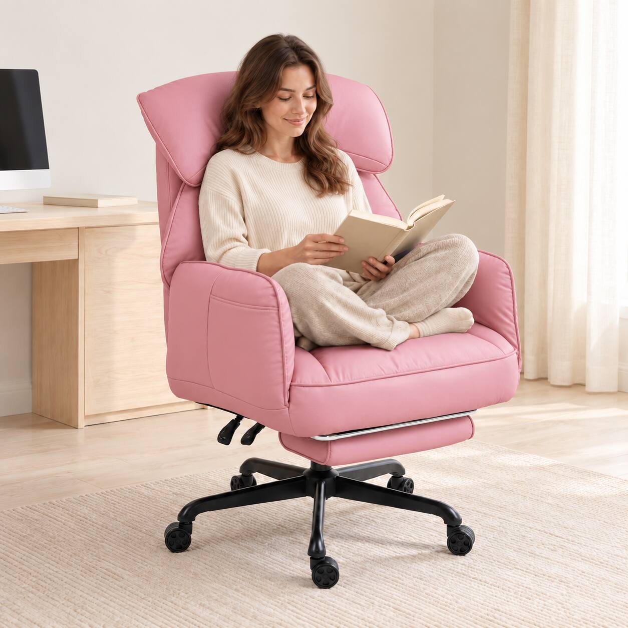Left. Dowinx - Cross-Legged Office Chair & Gaming Chair with 180° Pivoting Arms, Footrest & Reclining Backrest - Pink.