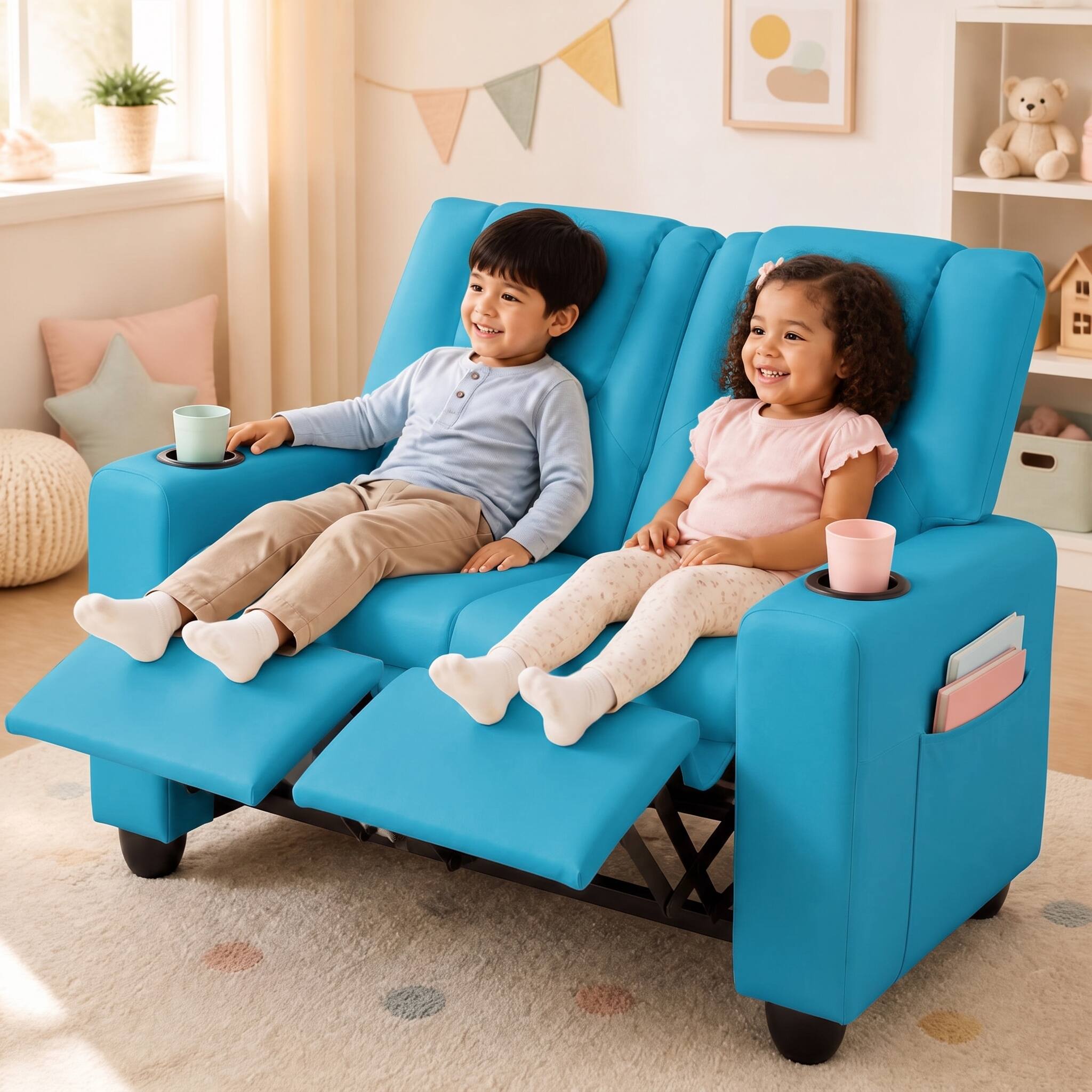 Alt View 6. Costway - Costway 2-Seater Kids Recliner with Cup Holders Side Storage Pockets Adjustable Backrest - Blue.
