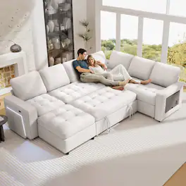 Dyonery - 7-Seat Modular Sectional Sleeper Sofa with Pull-Out Bed, Reclining Backrest, USB Ports, Table, LED Lights,Beige - Beige