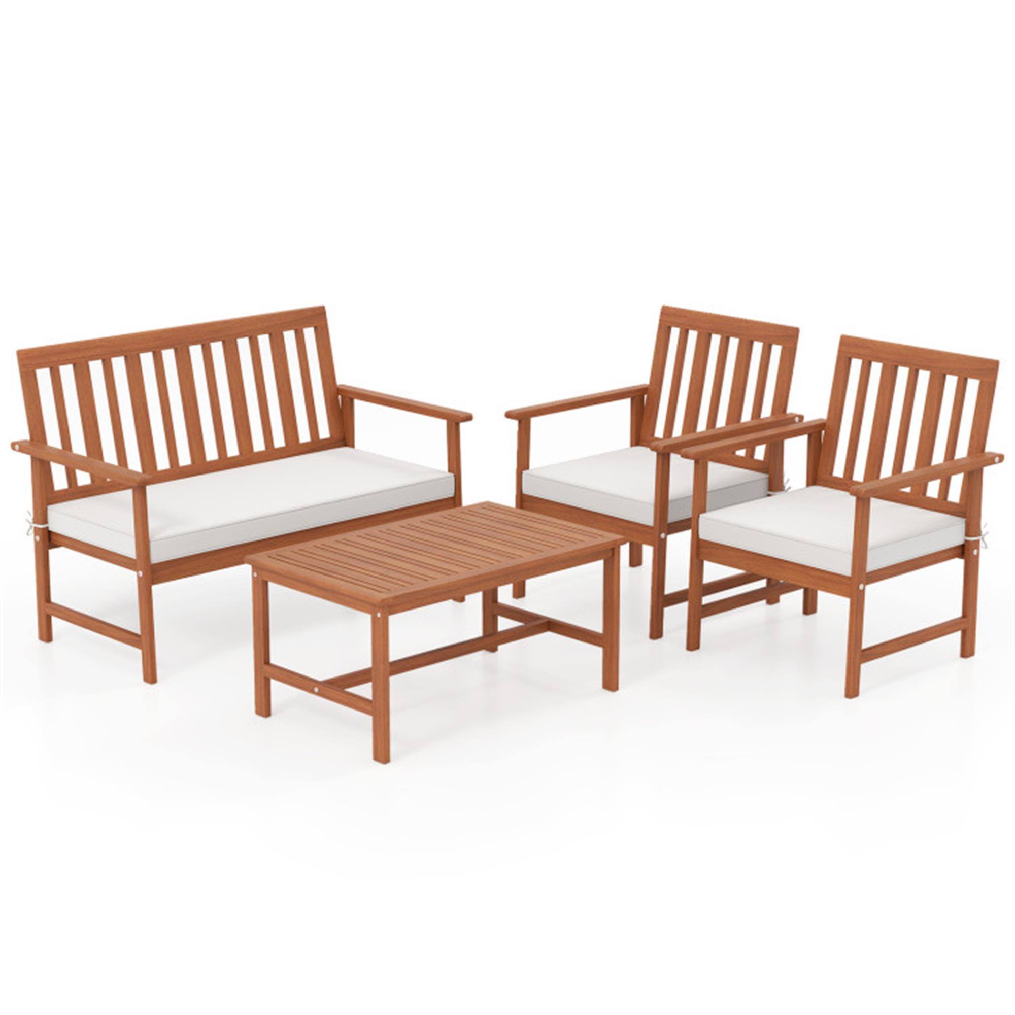 Front. Boyel Living - White 4 Pieces Acacia Wood Furniture Set with Seat Cushions and Robust Wood Frame 44-in L x 30-in W x 23-in H - White.