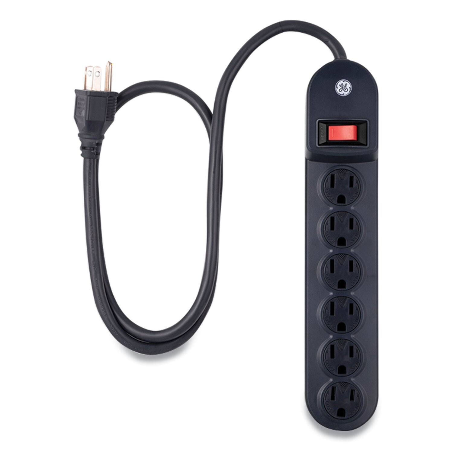 Front. GE - Heavy Duty Power Strip, 6 Outlets, 3 ft Cord, Black - Black.