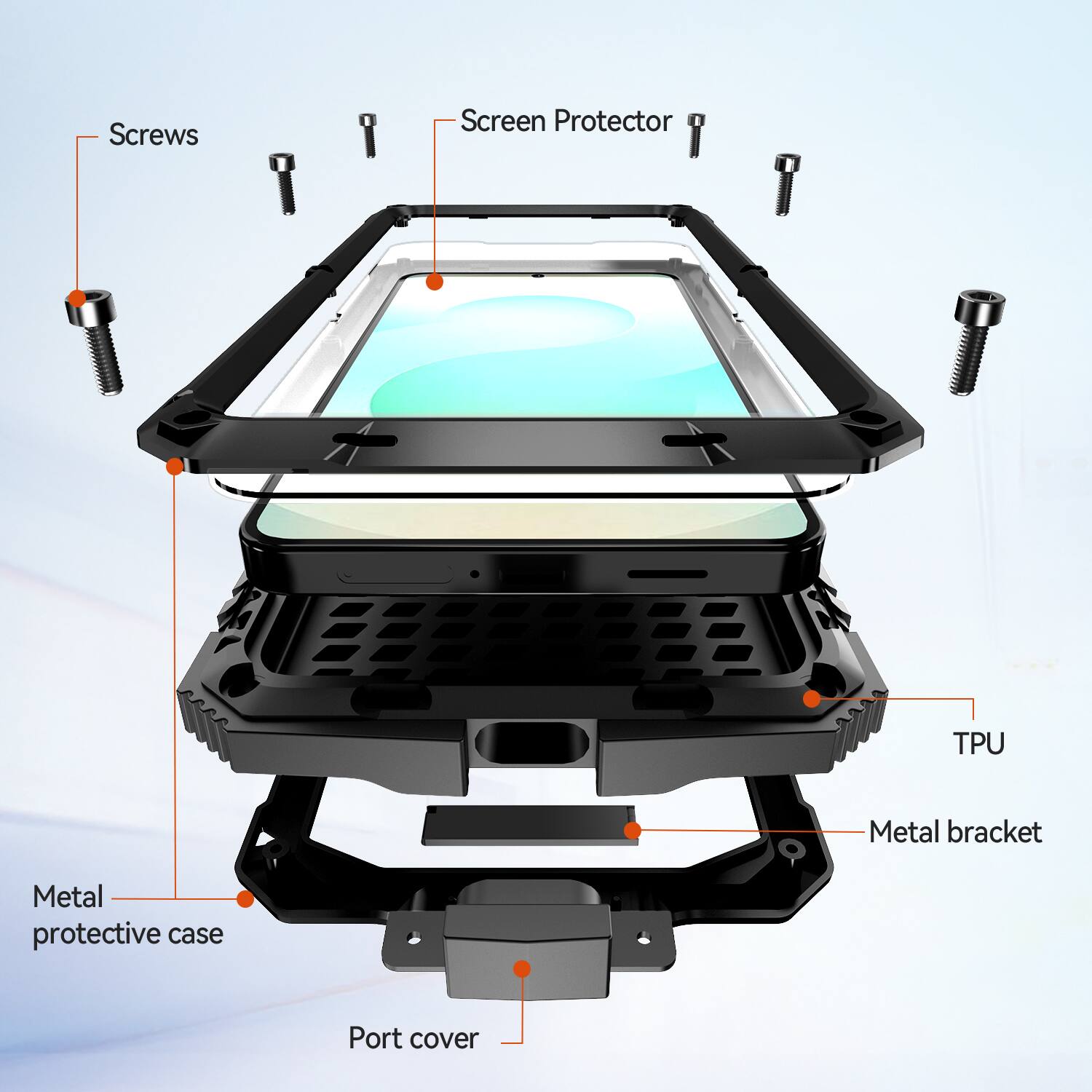 Screws, Screen Protector, 1 TPU, Metal bracket, Metal protective case, Port cover