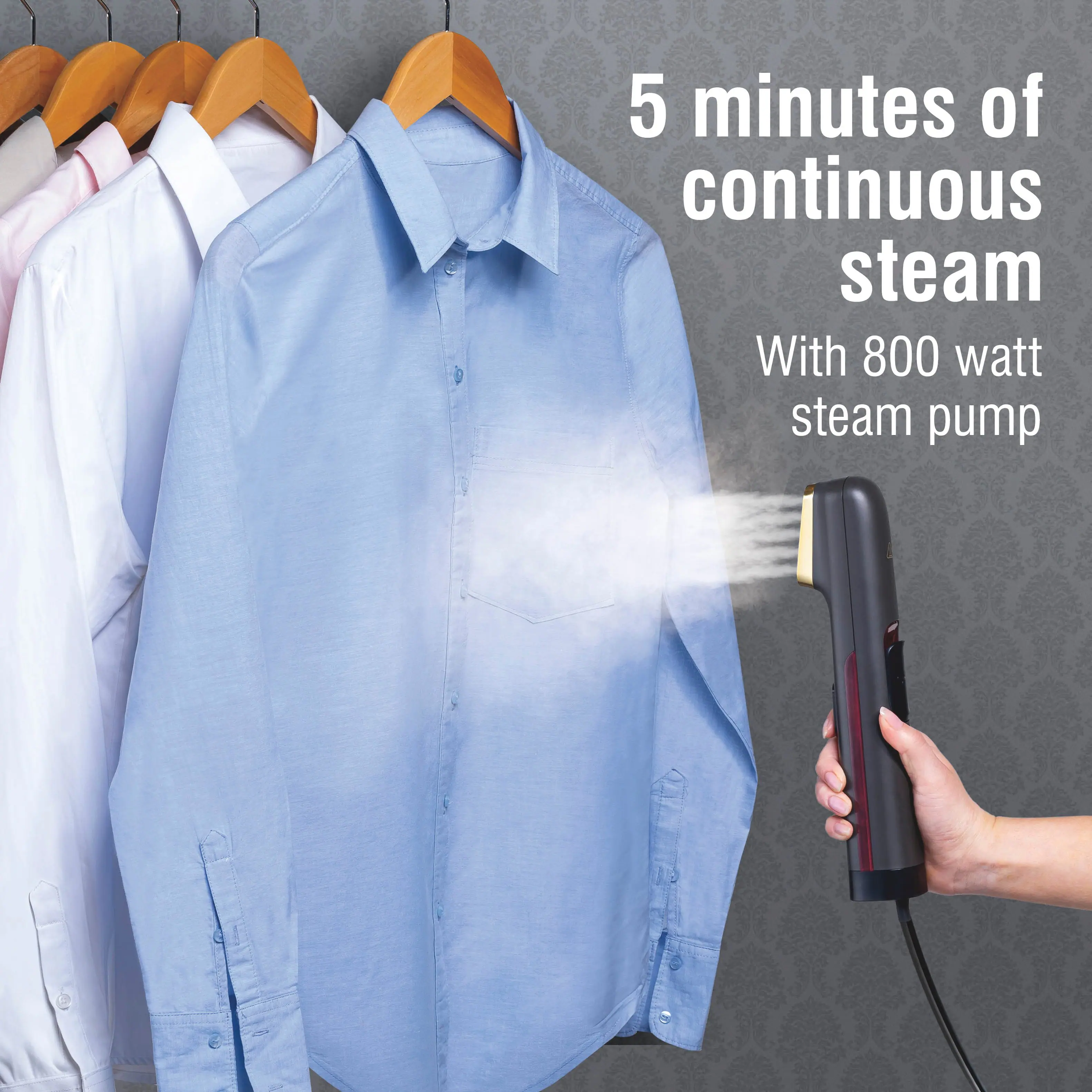 5 minutes of continuous steam  
With 800 watt steam pump