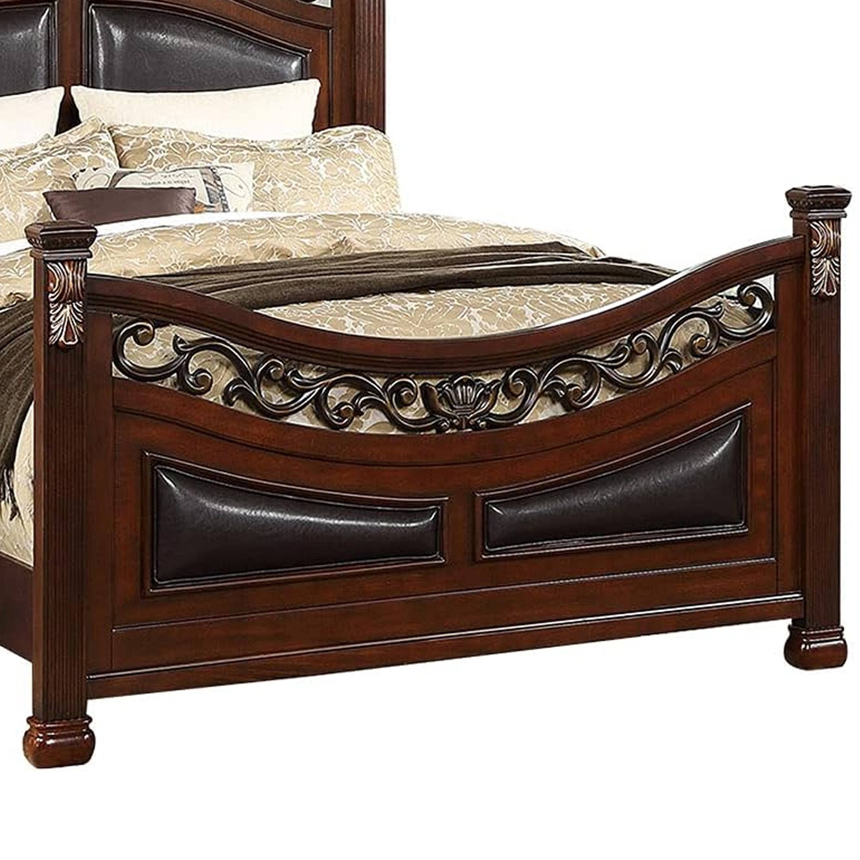 Alt View 3. Manhattan Lane - Meo Queen Size Bed, Padded Carved Dark Brown Faux Leather Upholstered - Brown.