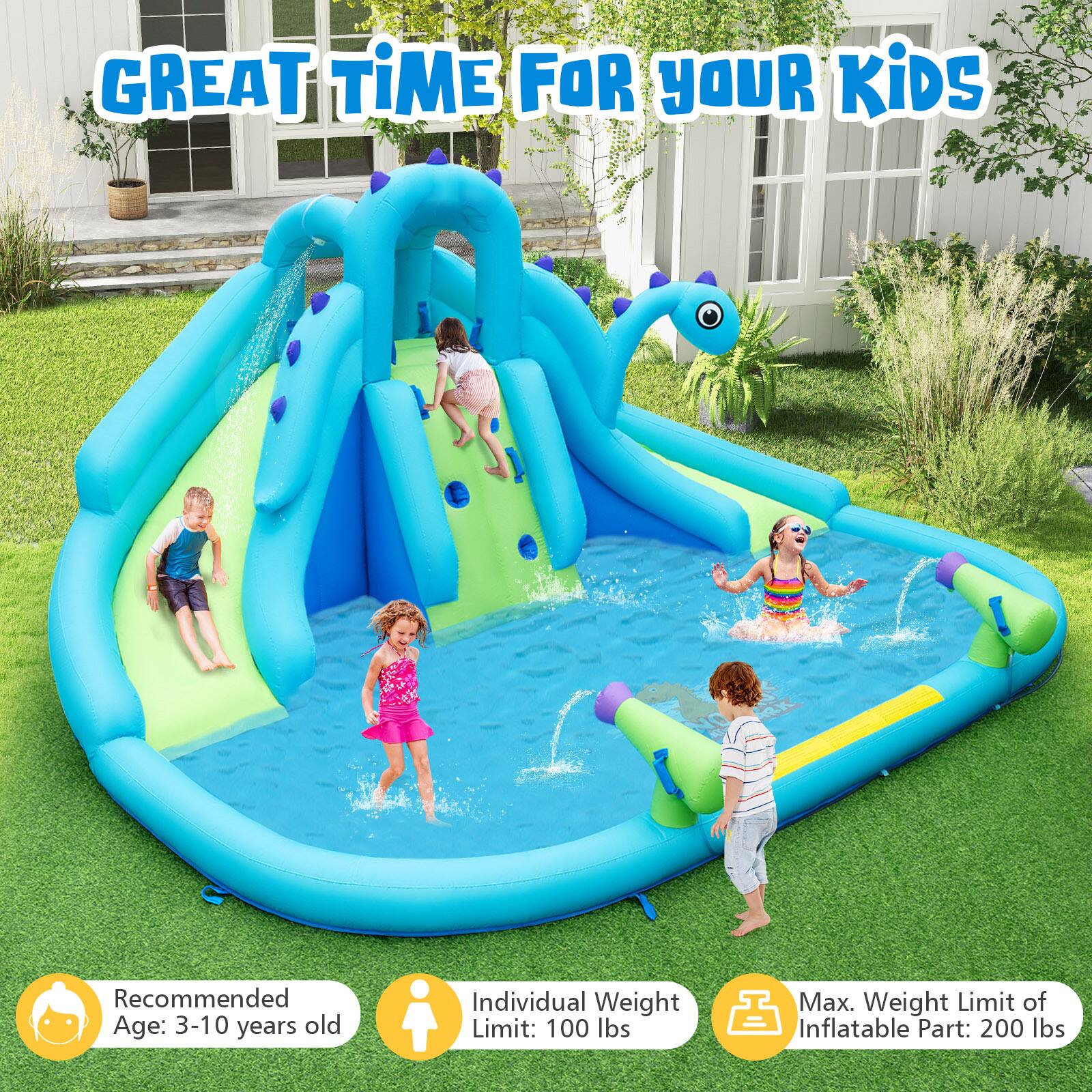 GREAT TIME FOR YOUR KIDS

Recommended Age: 3-10 years old

Individual Weight Limit: 100 lbs

Max. Weight Limit of Inflatable Part: 200 lbs