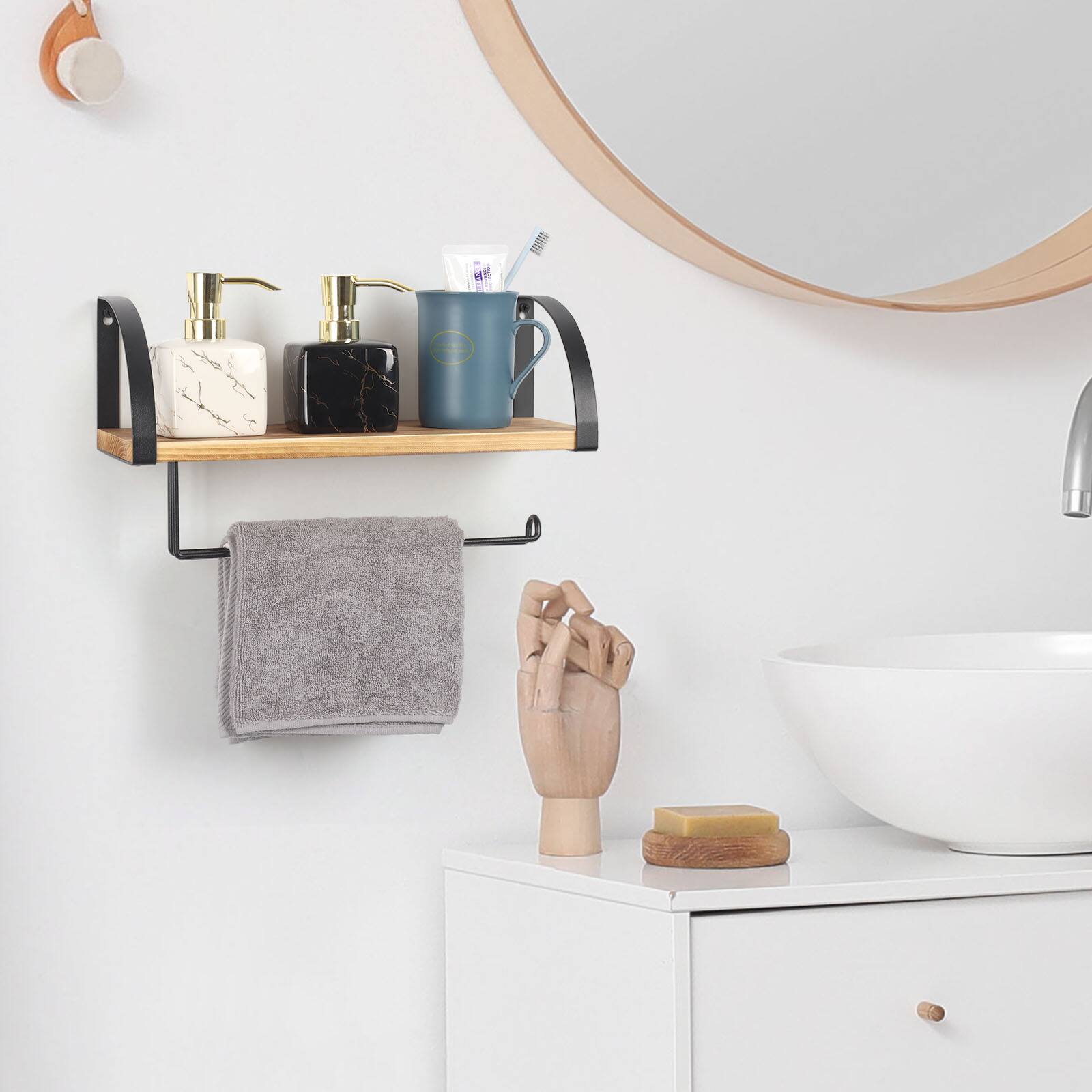 Alt View 2. Oumilen - Wall Mounted Floating Shelf with Paper Towel Holder – Light Burnt Wood Storage Shelf with Roll Bar.