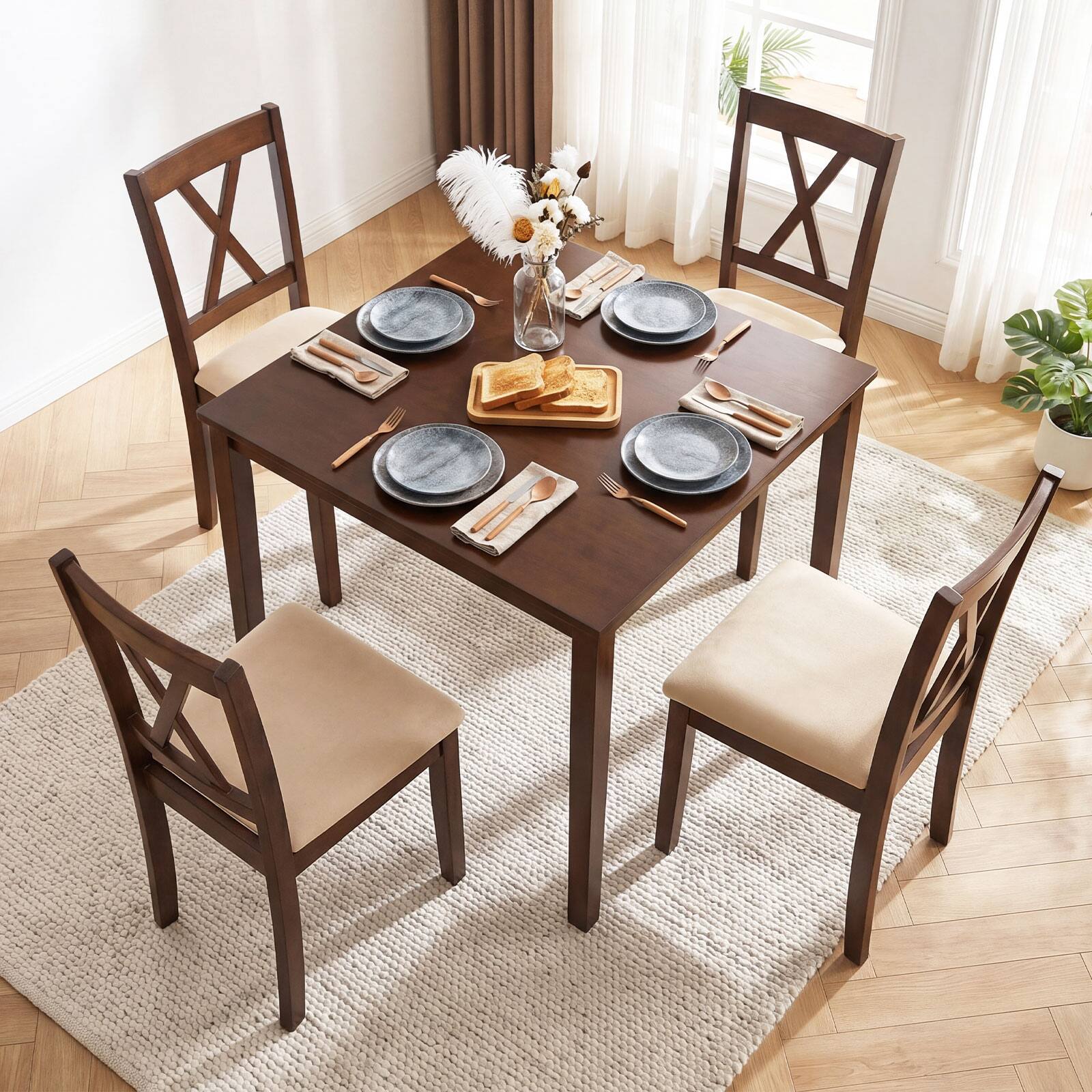 Alt View 3. Costway - Costway 5-Piece Dining Table Set for 4, Square Kitchen Table with 4 Armless Chairs - Walnut & Beige.