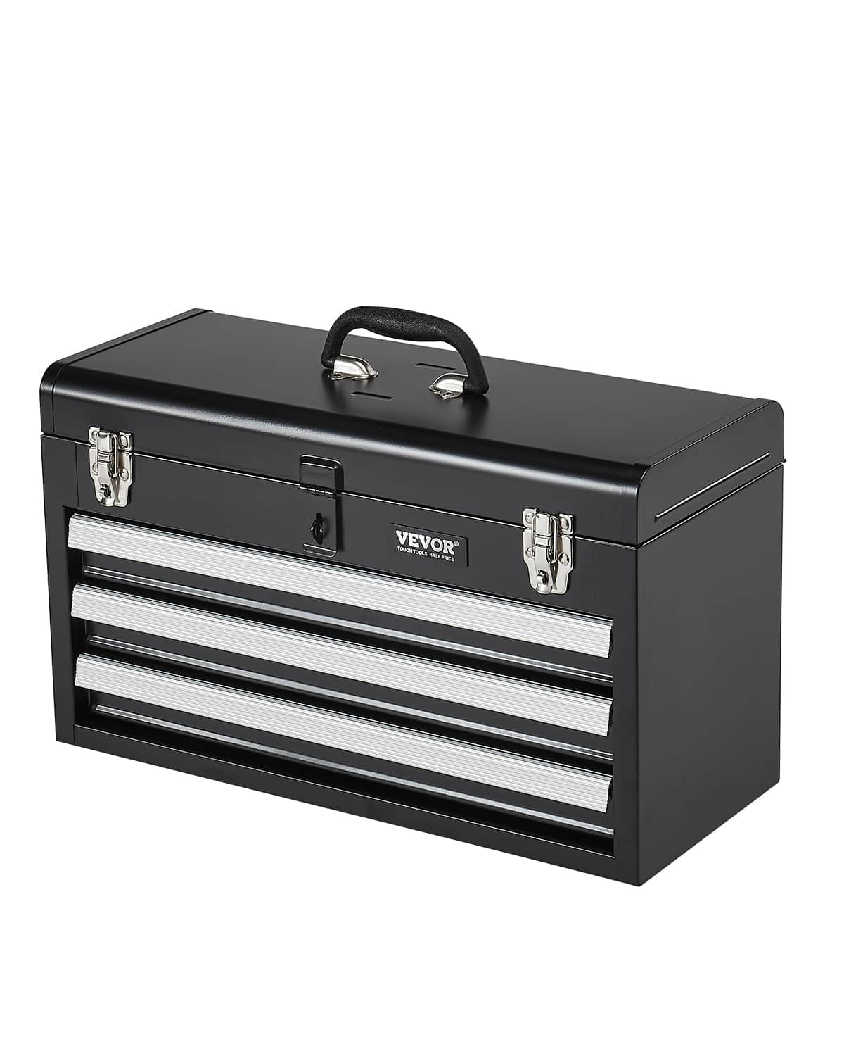 VEVOR - Metal Tool Box, 20.5-inch, Portable Metal Tool Box with 3 Drawers, Small Tool Chest with EVA Liners - Black