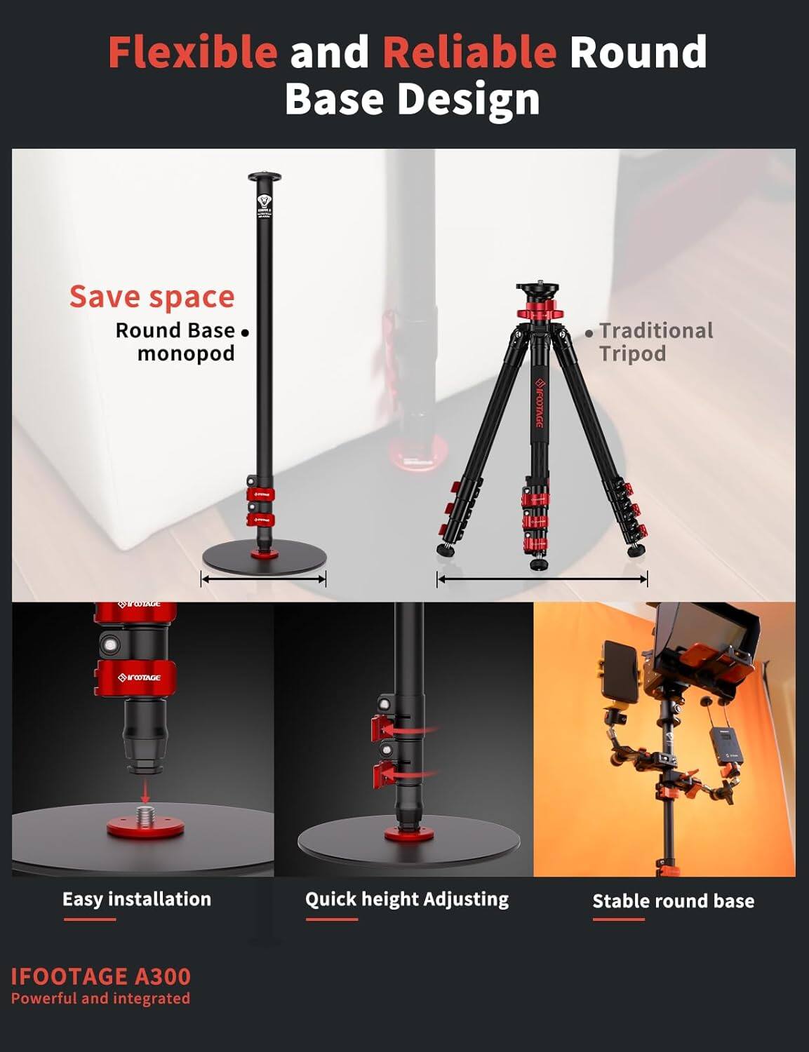 Flexible and Reliable Round Base Design

- Save space
  - Round Base
  - monopod

- Traditional Tripod

- Easy installation

- Quick height Adjusting

- Stable round base

IFOOTAGE A300
Powerful and integrated