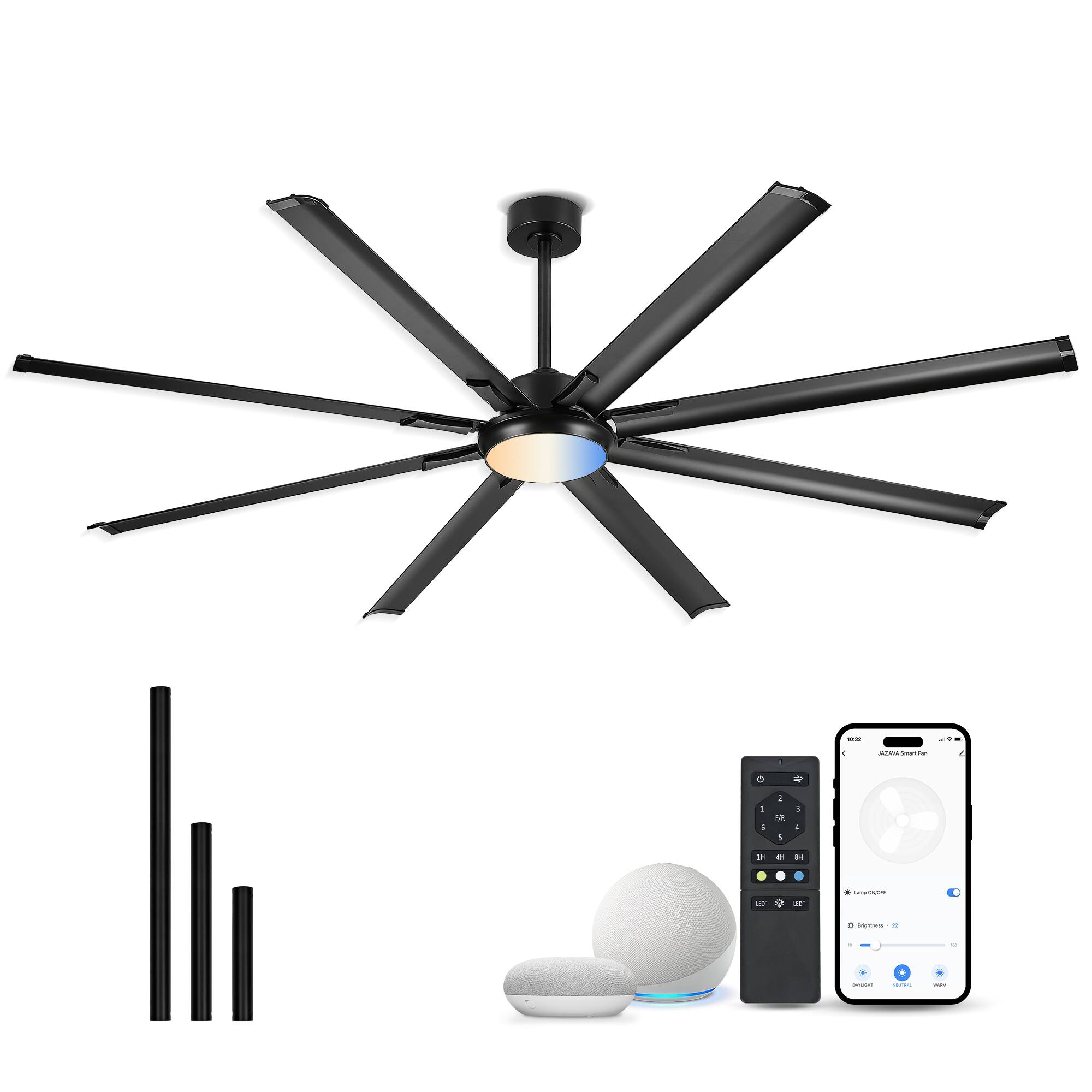 Front. JAZAVA - 84 Inch Industrial Ceiling Fan with Light,Large Ceiling Fan with 8 Aluminum Blades,Works with Alexa and Google Home - Black.