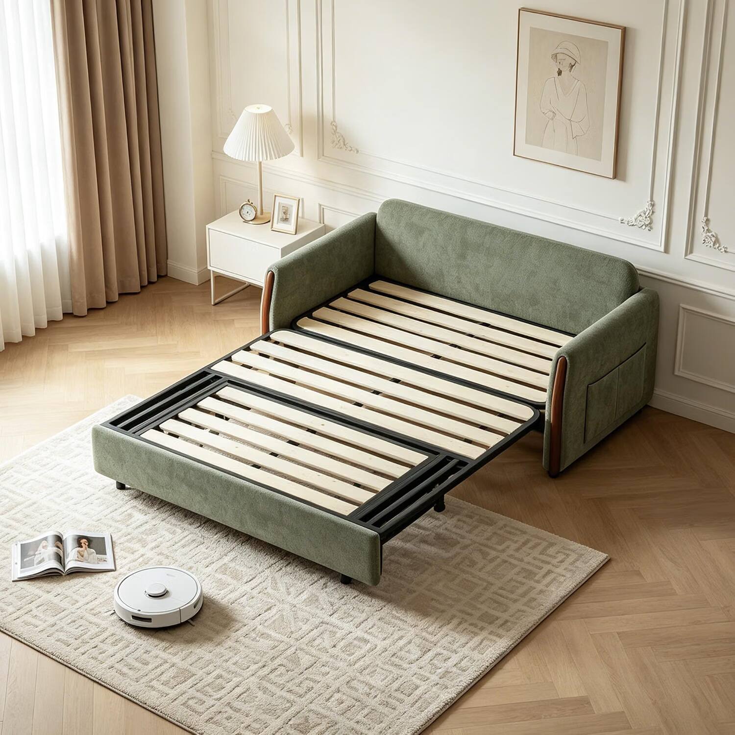 Alt View 1. luck idea - Pull‑Out Sofa Bed, 63‑inch Green Convertible Sleeper Sofa with Storage, Side Pockets & 2 Pillows for Living Room - green.