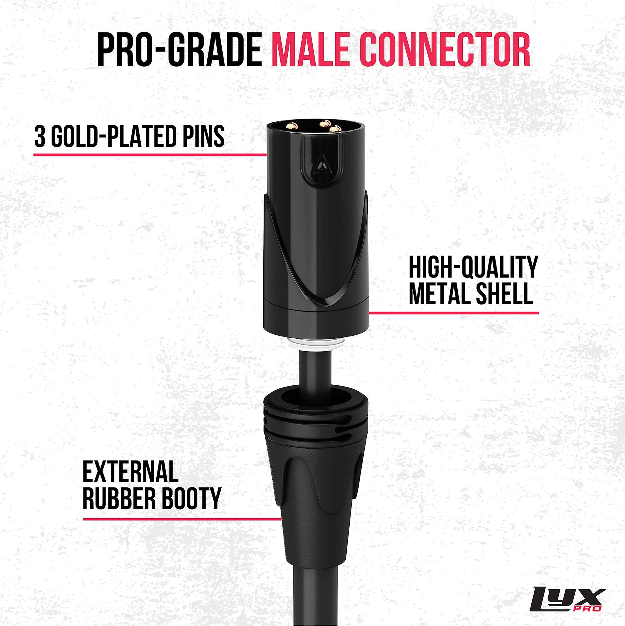 PRO-GRADE MALE CONNECTOR  
3 GOLD-PLATED PINS  
HIGH-QUALITY METAL SHELL  
EXTERNAL RUBBER BOOTY