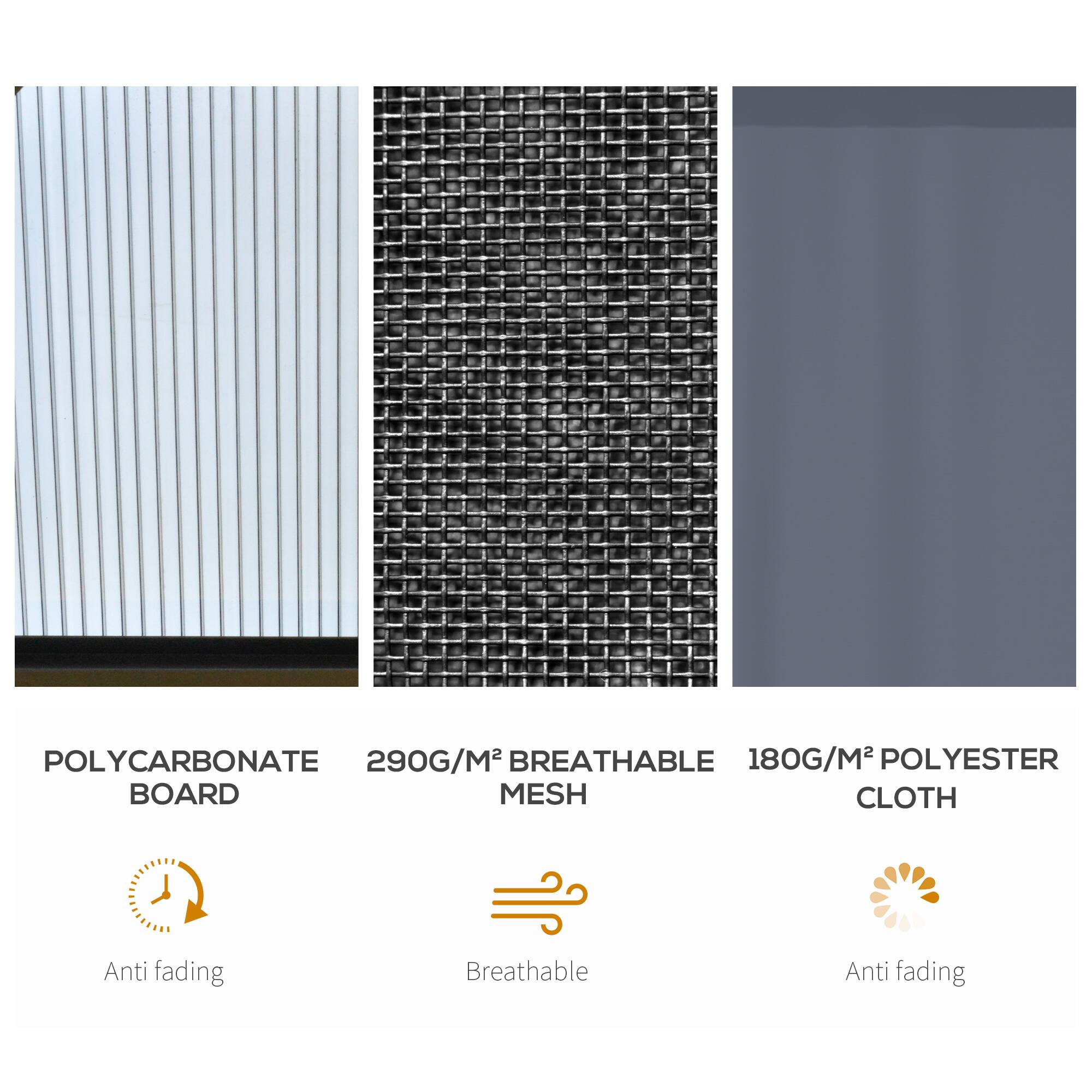 POLYCARBONATE BOARD  
290G/M² BREATHABLE MESH  
180G/M² POLYESTER CLOTH  

Anti fading  
Breathable  
Anti fading