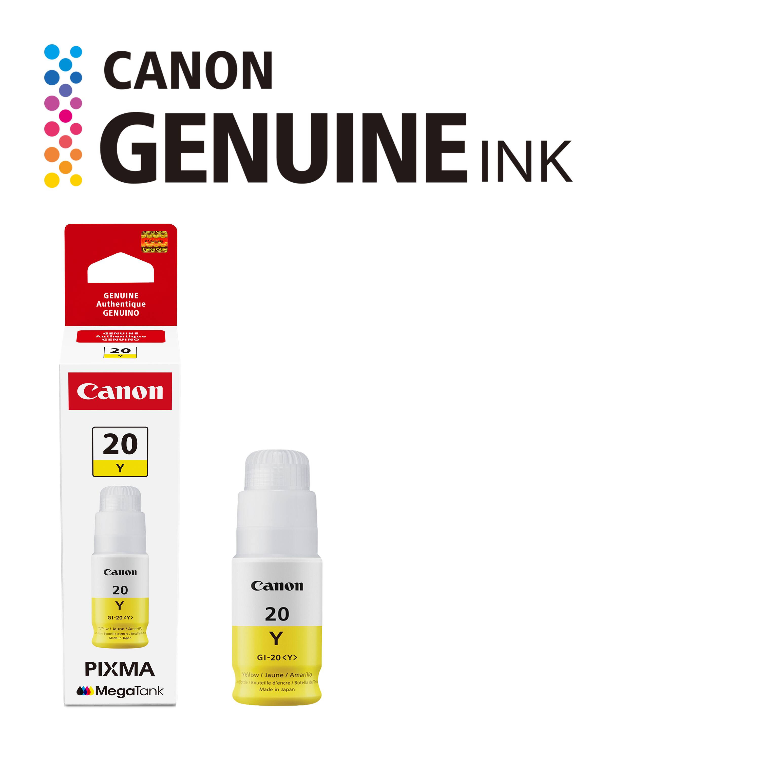 CANON GENUINE INK  
GENUINE Authentique GENUINO  
Canon 20 Y  
PIXMA MegaTank  
GI-20CYP  
Yellow / Jaune / Amarillo  
Made in Japan