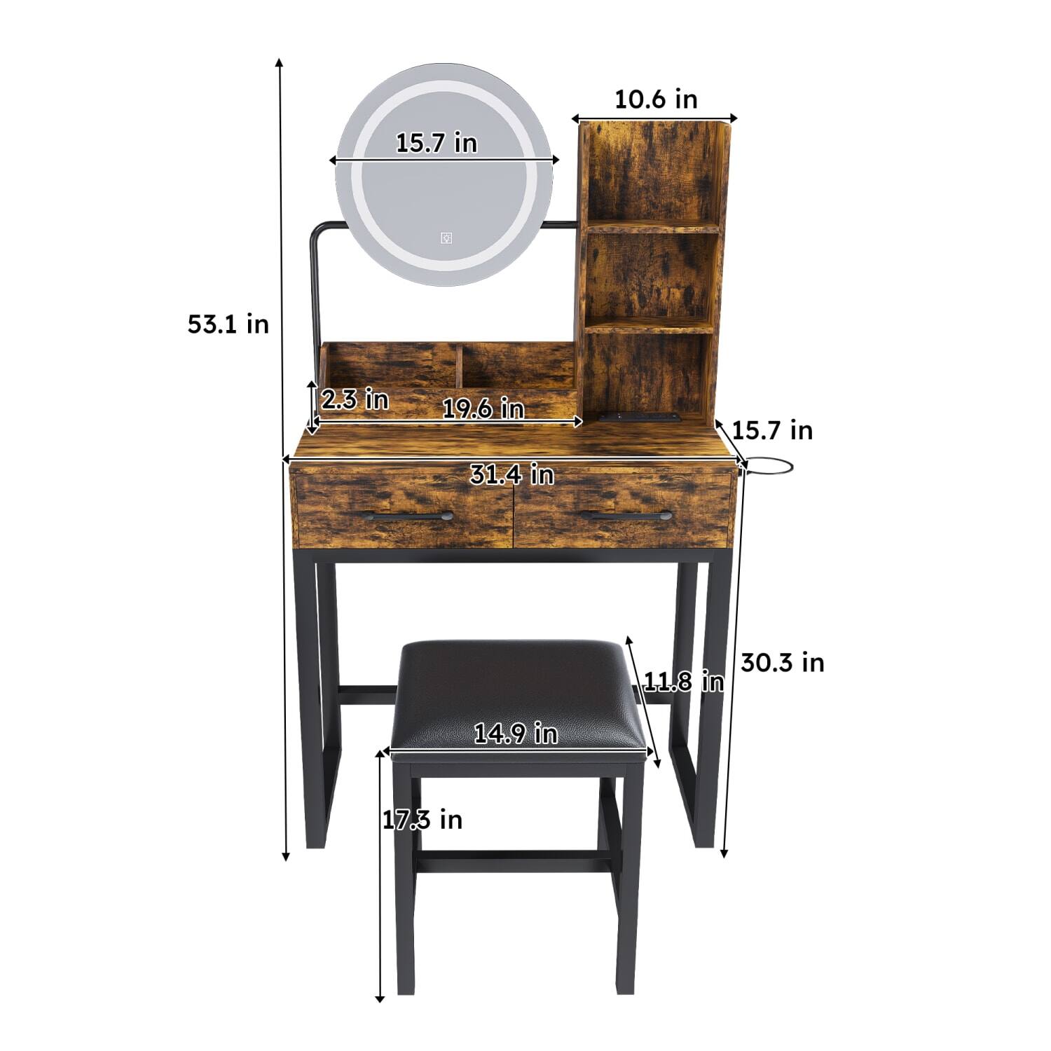 - 15.7 in
- 10.6 in
- 53.1 in
- 2.3 in
- 19.6 in
- 31.4 in
- 15.7 in
- 30.3 in
- 11.8 in
- 14.9 in
- 17.3 in