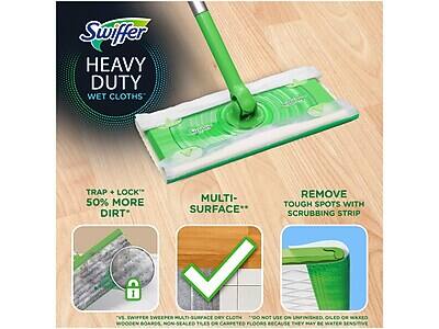 Swiffer HEAVY DUTY WET CLOTHS

- TRAP + LOCK™ 50% MORE DIRT*
- MULTI-SURFACE**
- REMOVE TOUGH SPOTS WITH SCRUBBING STRIP

*vs. Swiffer Sweeper Multi-Surface Dry Cloth
**Do not use on unfinished, oiled or waxed wooden boards, non-sealed tiles or carpeted floors because they may be water sensitive.