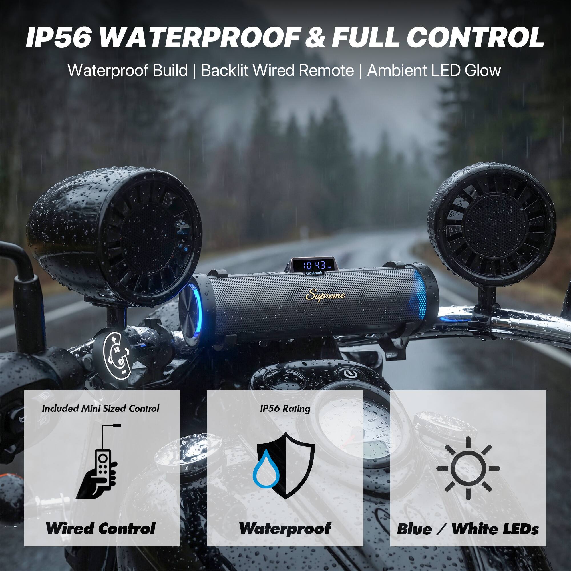 IP56 WATERPROOF & FULL CONTROL  
Waterproof Build | Backlit Wired Remote | Ambient LED Glow  

Included Mini Sized Control  
IP56 Rating  
Wired Control  
Waterproof  
Blue / White LEDs