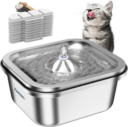 Front. Pawtners - 4L/140oz Cat Water Fountain Stainless Steel, Pet Fountain Water Bowl with 10 Replacement Filters, Automatic Dispenser - Silver.
