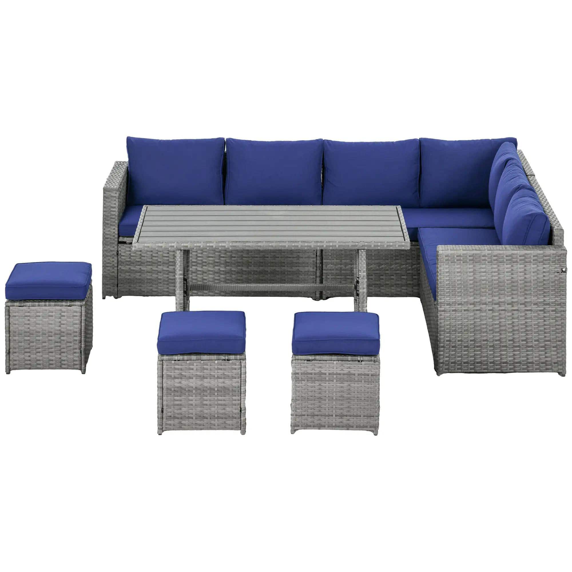 Resenkos - Wicker Outdoor Patio Furniture Set, L-Shaped 7 Pieces Outdoor Dining Sectional Sofa - Blue