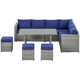 Resenkos - Wicker Outdoor Patio Furniture Set, L-Shaped 7 Pieces Outdoor Dining Sectional Sofa - Blue