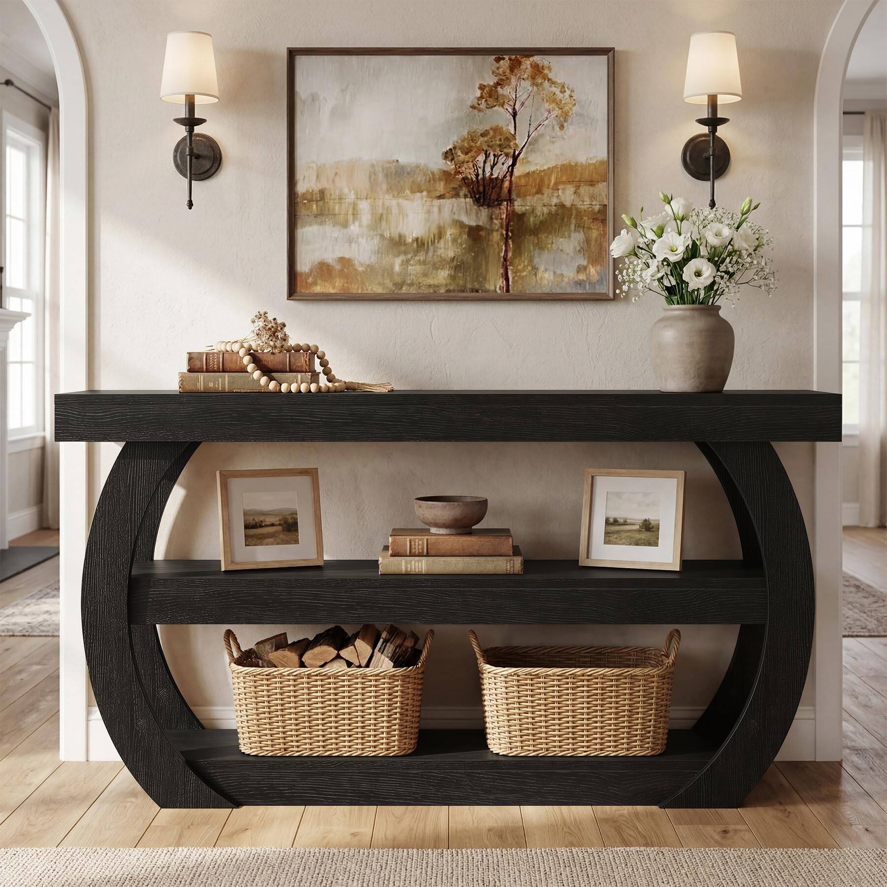 Back. Tribesigns - Black Console Table, 63-Inch Farmhouse Wood Entryway Table - Black.