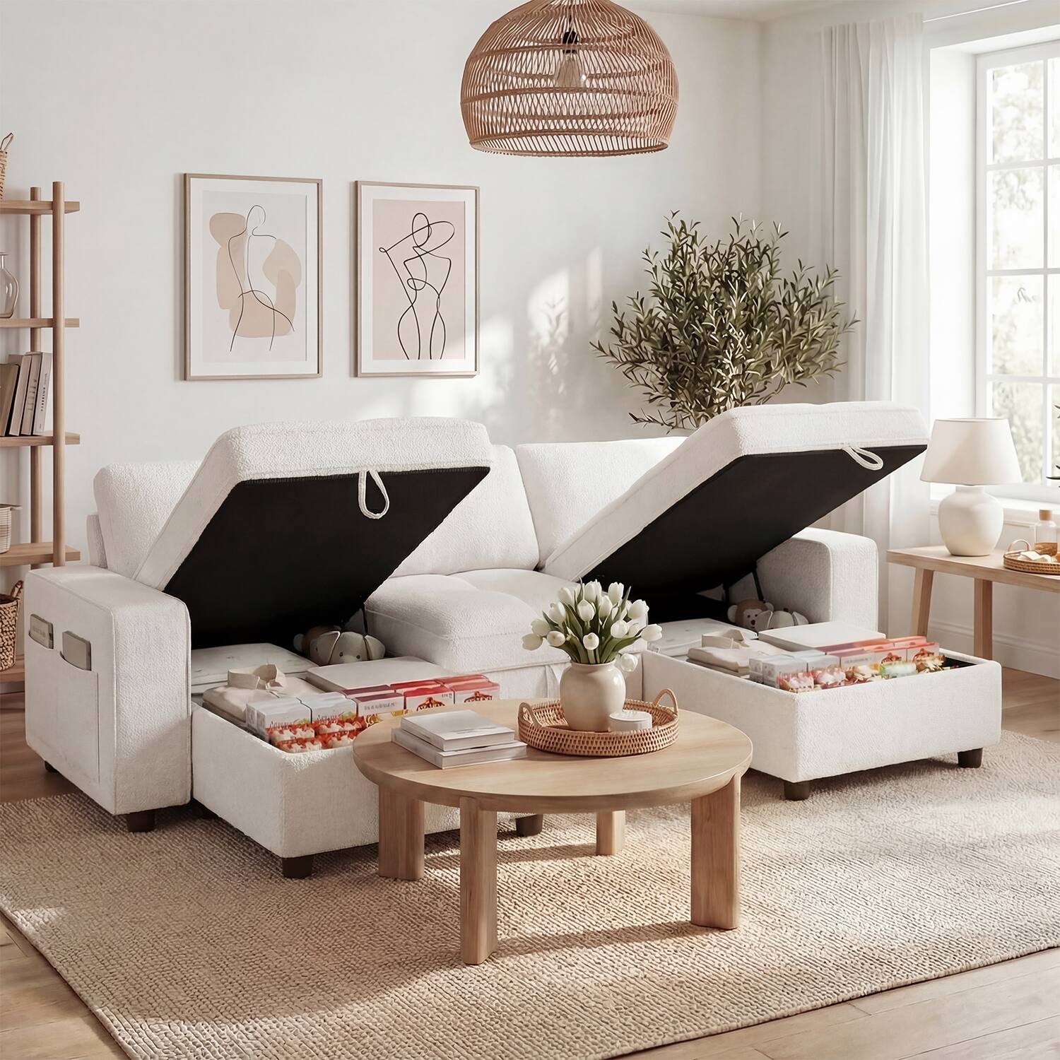 Alt View 1. Dyonery - Dyonery 104" U-Shaped Sleeper Sofa Bed with Pull-Out, Storage Chaise, 5-Position Backrest & USB Ports, Chenille Beige - Chenille + Beige.