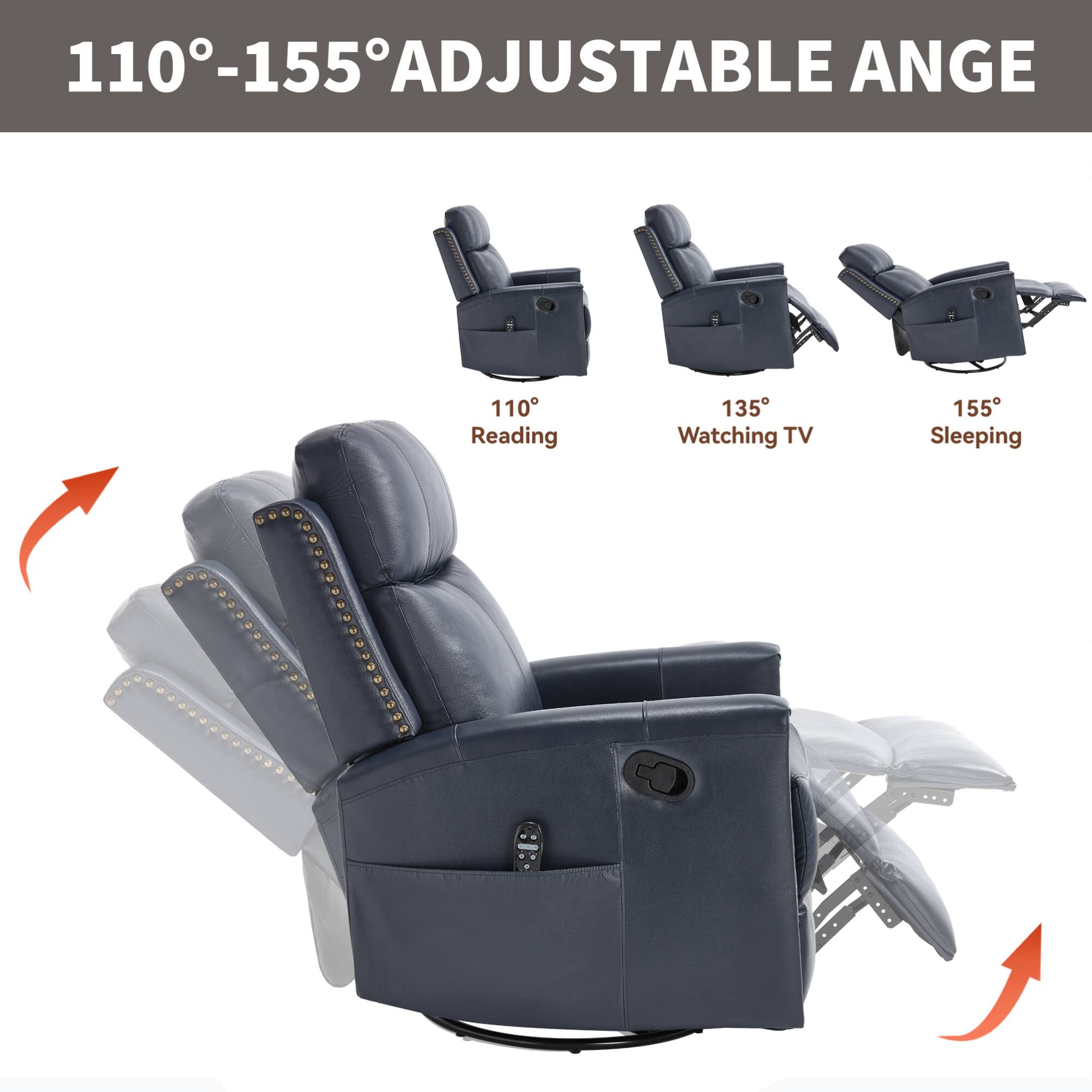 110°-155° ADJUSTABLE ANGLE

110° Reading  
135° Watching TV  
155° Sleeping