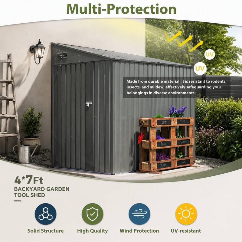 Multi-Protection

UV
UV

Made from durable material, it is resistant to rodents, insects, and mildew, effectively safeguarding your belongings in diverse environments.

4*7Ft BACKYARD GARDEN TOOL SHED

Solid Structure
High Quality
Wind Protection
UV-resistant