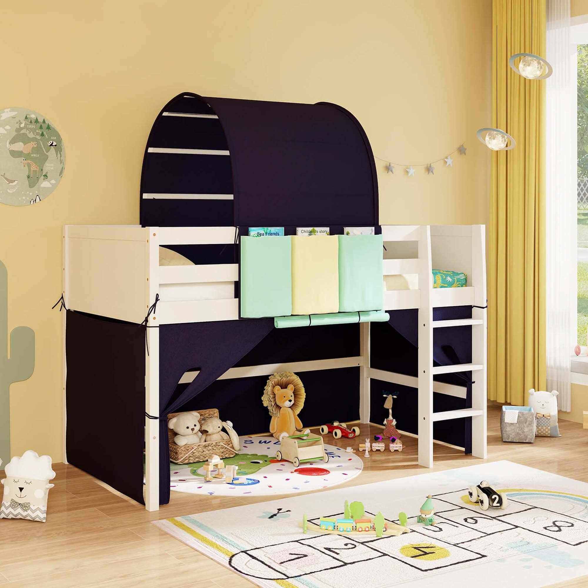 Alt View 3. Costway - Costway Twin Loft Bed with Tower & Tent 3 Storage Pockets Safety Guardrail and Ladder - Navy,White.