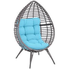Outsunny - Patio Wicker Egg Chair w/ Soft Cushion, Teardrop Cuddle Seat, Outdoor / Indoor Patio Chair, PE Plastic Rattan Furniture - Light Blue