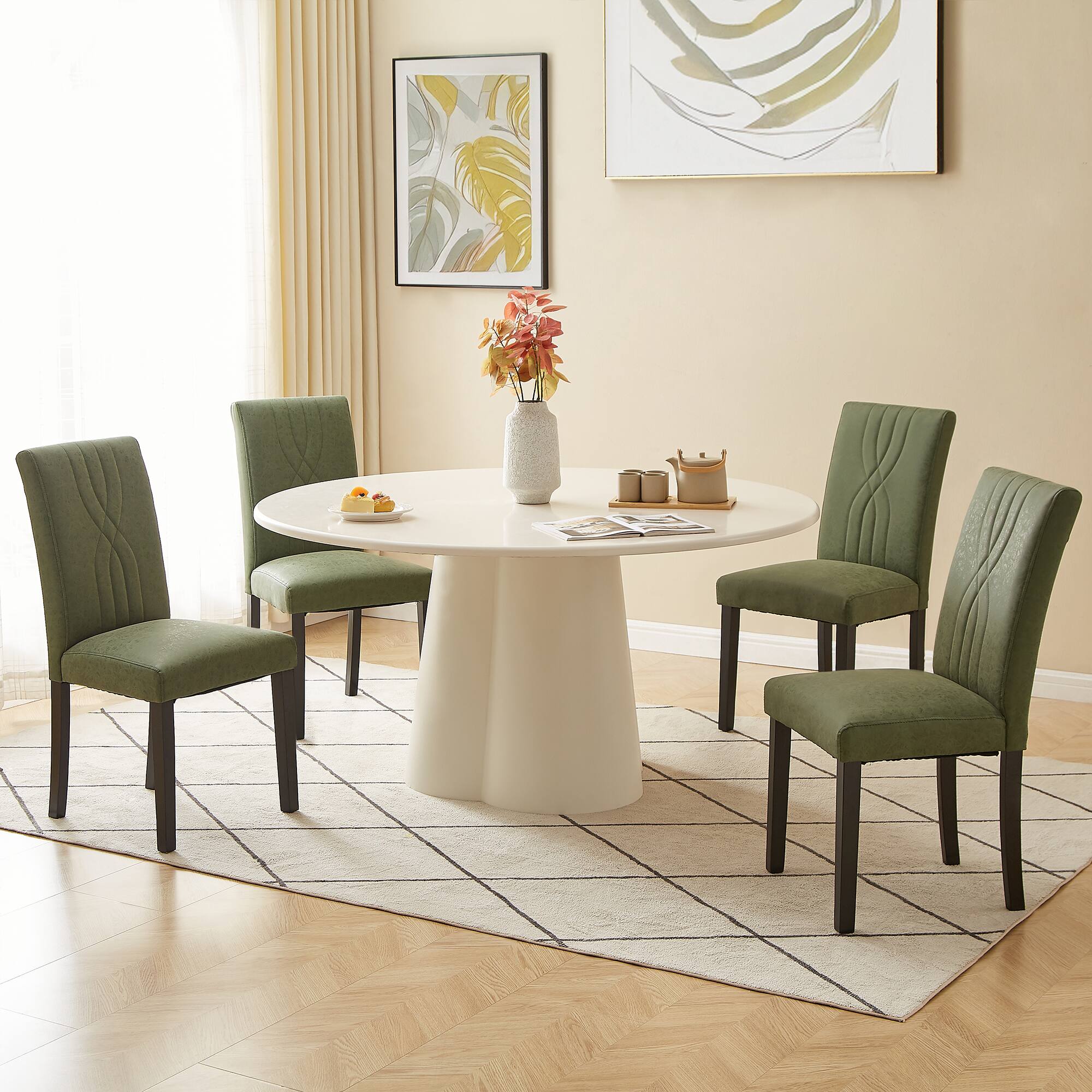 Alt View 4. Vecelo - Set of 6 Upholstered Dining Chairs, Modern Linen Fabric Chair & High Back for Kitchen/Living Room - Green.