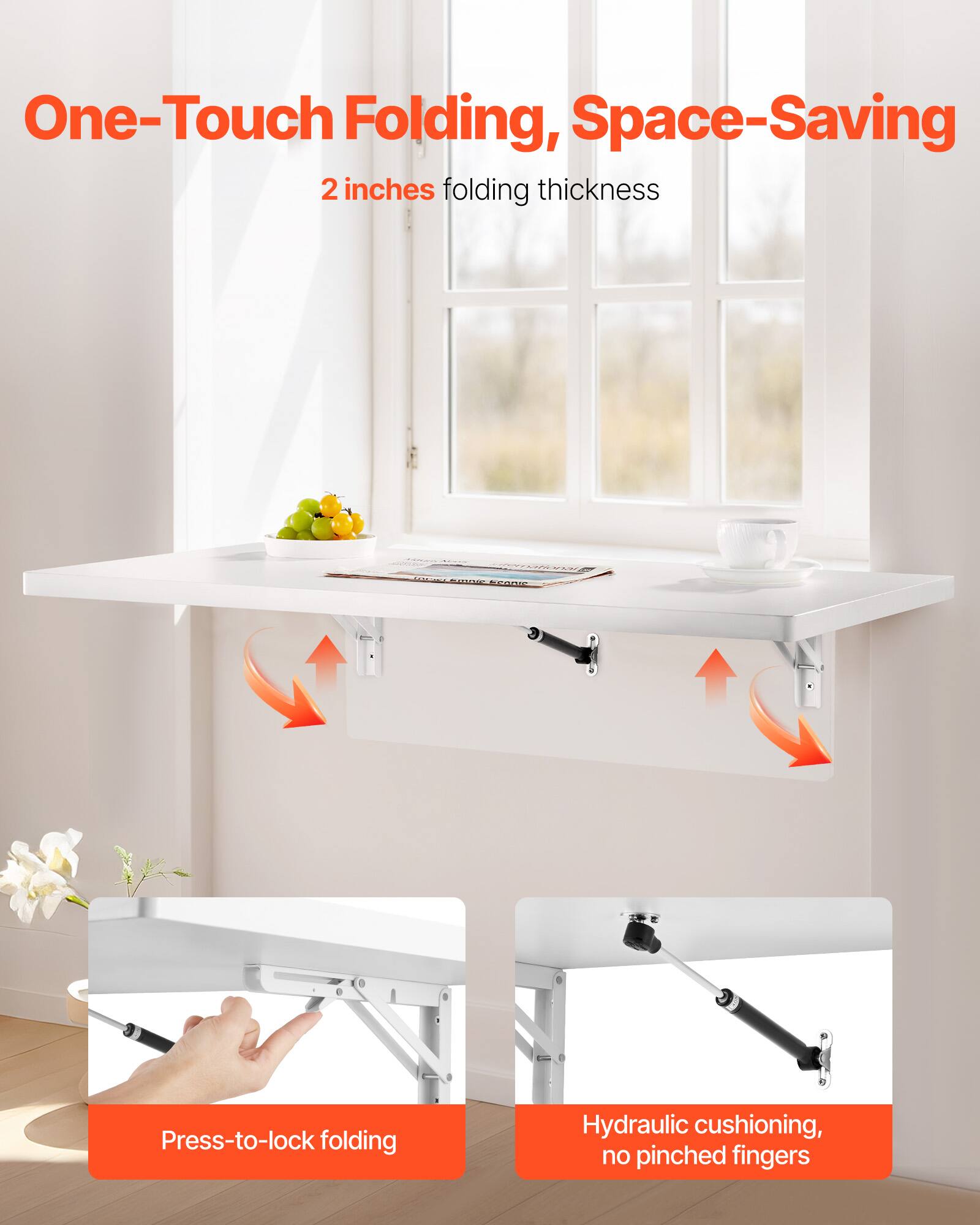 One-Touch Folding, Space-Saving  
2 inches folding thickness  

Press-to-lock folding  

Hydraulic cushioning, no pinched fingers