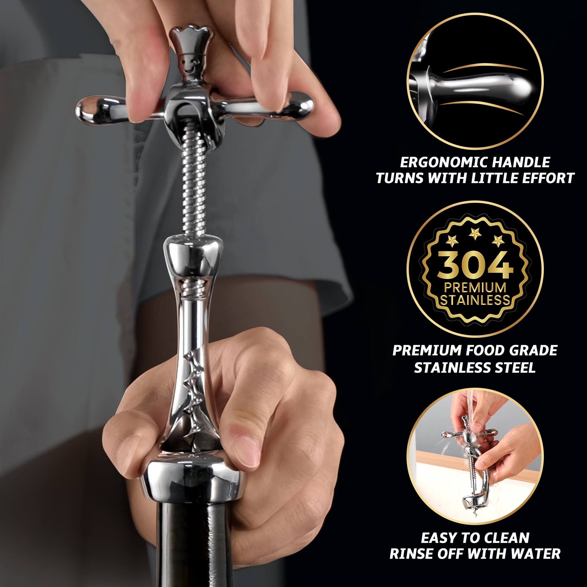 Left. Gourmet Easy - Wine Opener Deluxe, Heavy-Duty Bottle Opener, Manual Corkscrew for Easy & Smooth Removal of Intact Wine Corks - Stainless Steel.