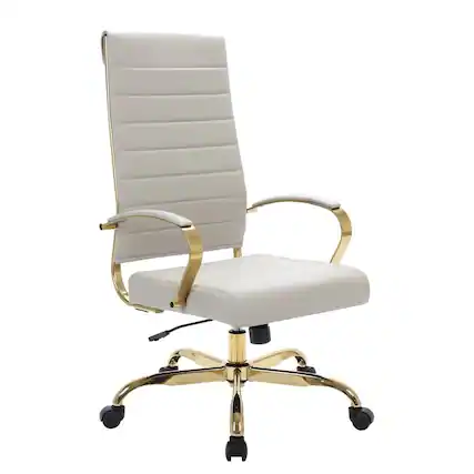 Front. LeisureMod - Benmar High-Back Leather Office Chair with Gold Accents, Adjustable Height, Swivel and Tilt Conference Desk Chair - Tan.