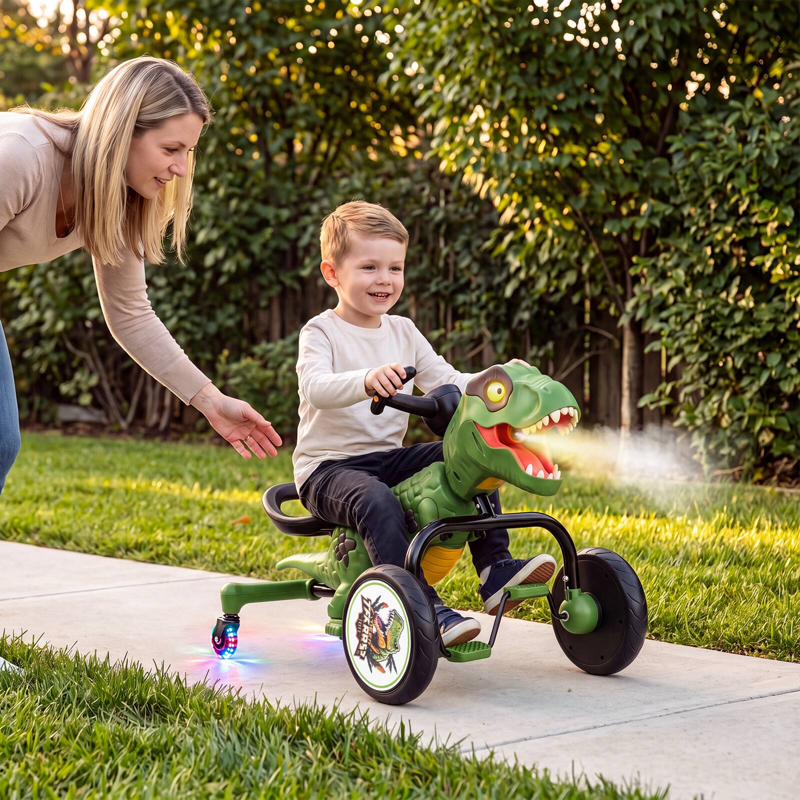 Alt View 1. Costway - Costway Dinosaur Drift Tricycle with Lights, Spray, Roar Sound, 360° Spin Mode for Kids - Green.