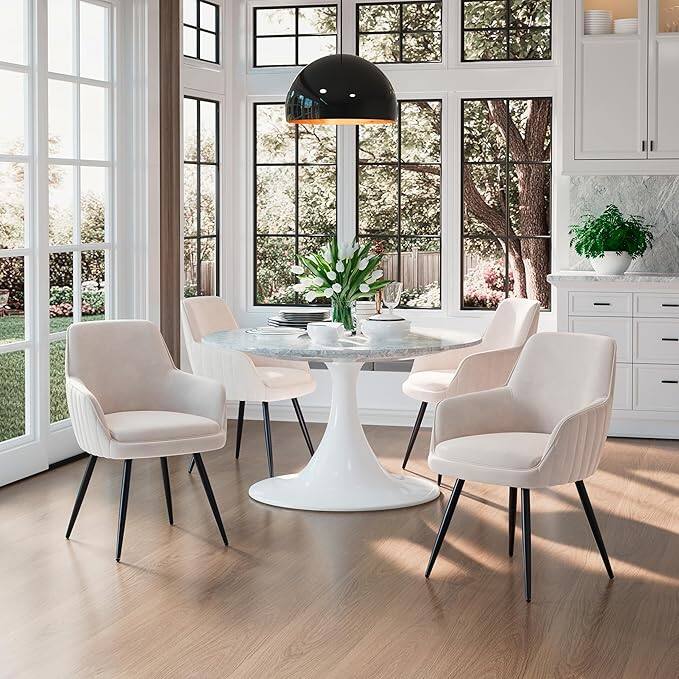 Angle. TinyHomie - Beige Mid Century Upholstered Accent Chair Channel Tufted Back Set of 2 - white.