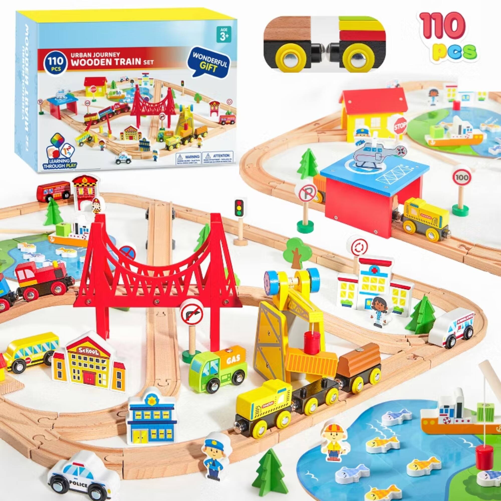 MOODEH 2 BVin URBAN JOURNEY 110 WOODEN TRAIN SET PCS ADE 3+ WONDERFUL GIFT 1 110 pcs STOP LEARNING THROUGH PLAY WASIG ATTENTION R 100 School GAS POLICE