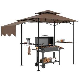 Outsunny - 8' x 5' Grill Gazebo, Double Tiered Outdoor BBQ Gazebo with Side Awning, 2 Side Shelves and 6 Hooks - Brown