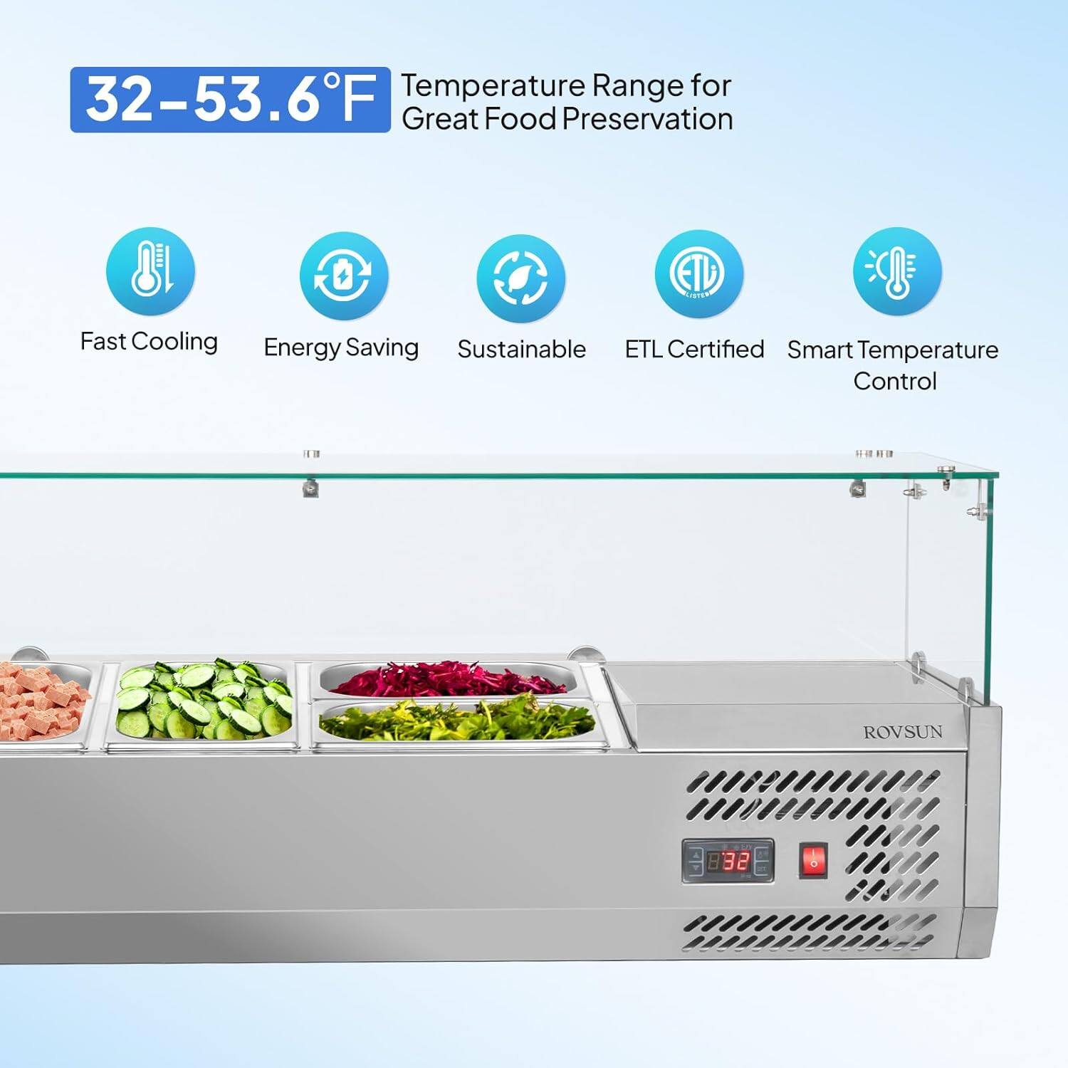 Temperature Range for 32-53.6°F Great Food Preservation  
- Fast Cooling  
- Energy Saving  
- Sustainable  
- ETL Certified  
- Smart Temperature Control  

ROVSUN
