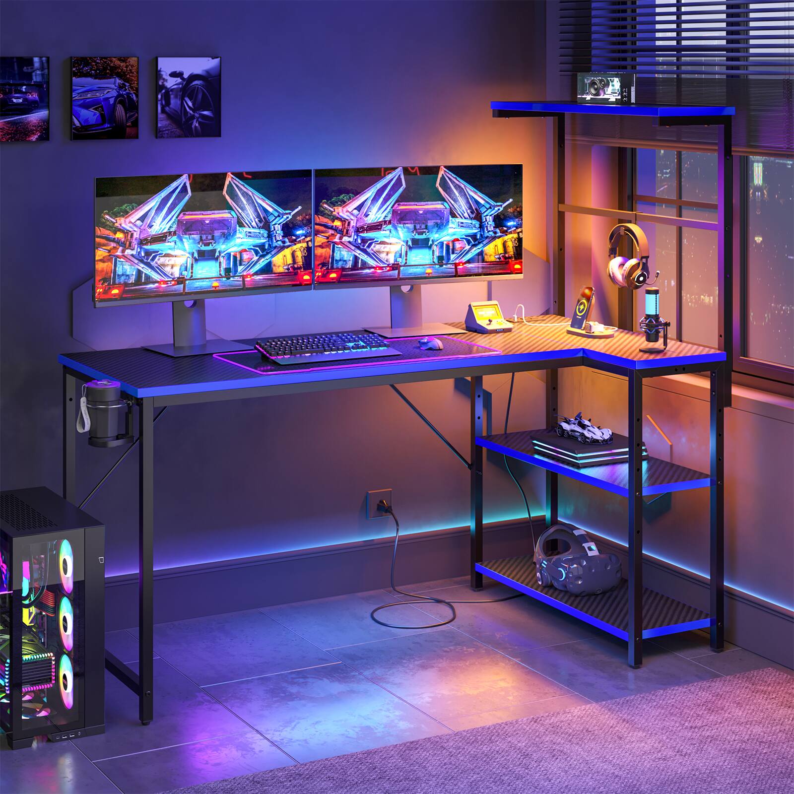 Alt View 2. RSPGAME - 51.7 in. L-Shaped Gaming Desk with Power Outlets, Carbon Fiber Computer Desk with Storage Shelves - Black&Blue.