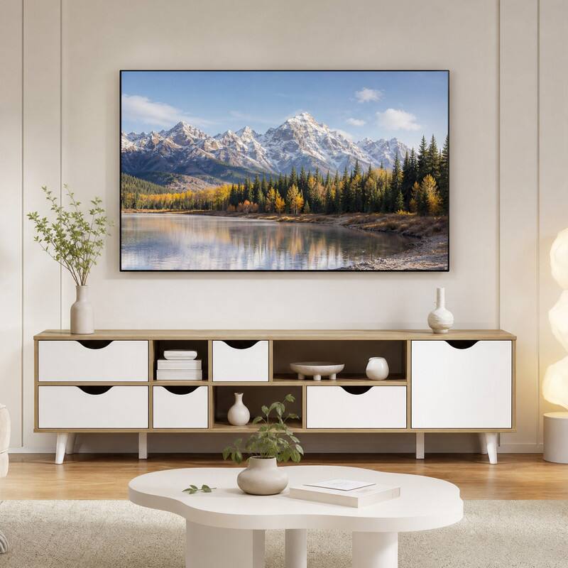 Angle. WELLFOR - Modern TV Stand for TVs up to 65"Entertainment Center Media Console Table with 5 Drawers & 3 Open Shelves - Oak.
