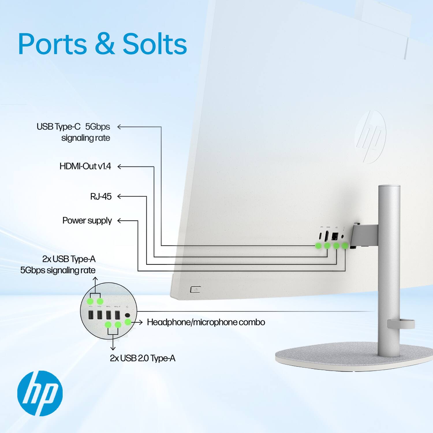Ports & Slots

- USB Type-C 5Gbps signaling rate
- HDMI-Out v1.4
- RJ-45
- Power supply
- 2x USB Type-A 5Gbps signaling rate
- Headphone/microphone combo
- 2x USB 2.0 Type-A
