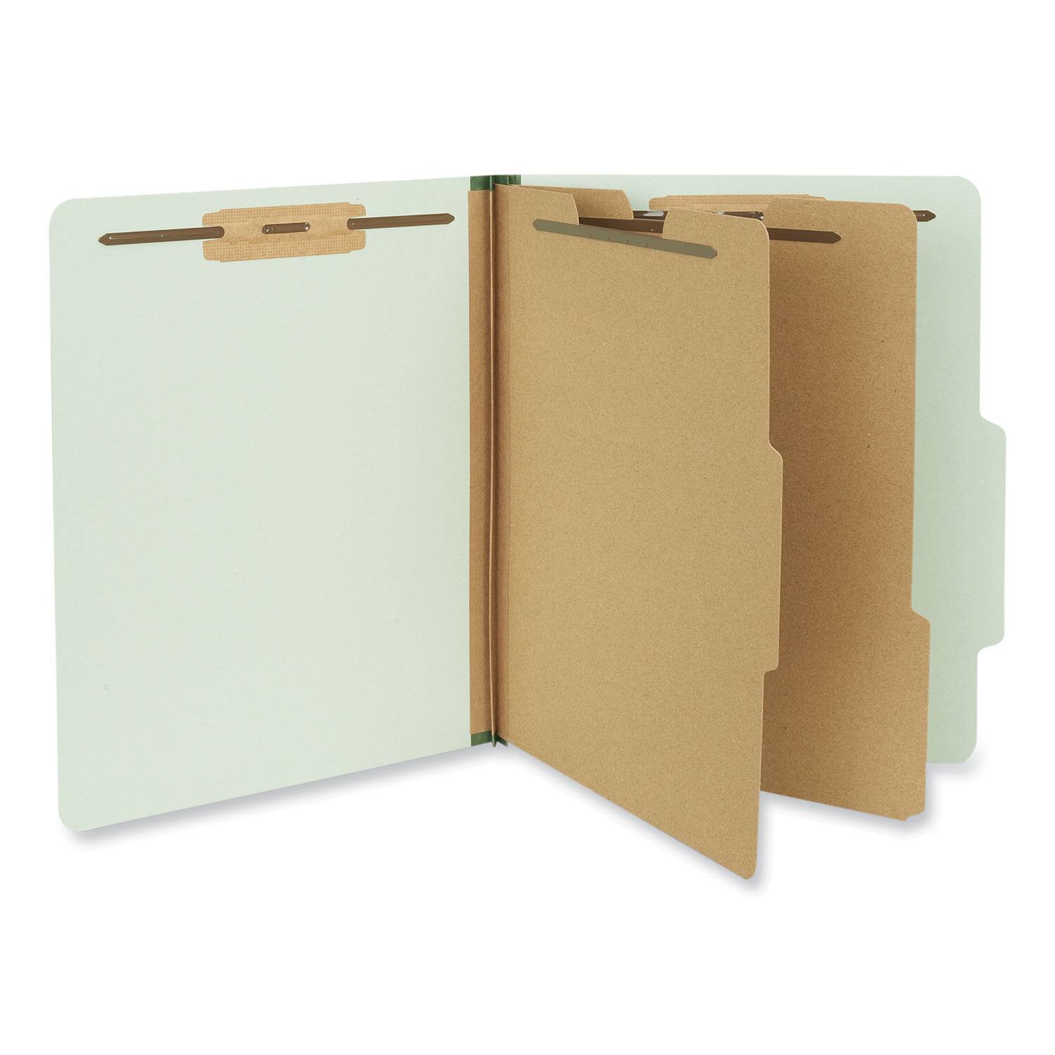 Angle. Universal - Six-Section Pressboard Classification Folders, 2" Expansion, 2 Dividers, 6 Fasteners, Letter Size, Gray-Green, 10/Box.