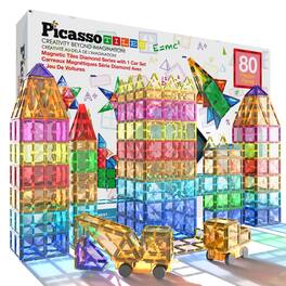 PicassoTiles - PICASSO-TILES 80PCS Magnetic Tiles Diamond Series for Kids – STEM Construction Building Blocks Toy