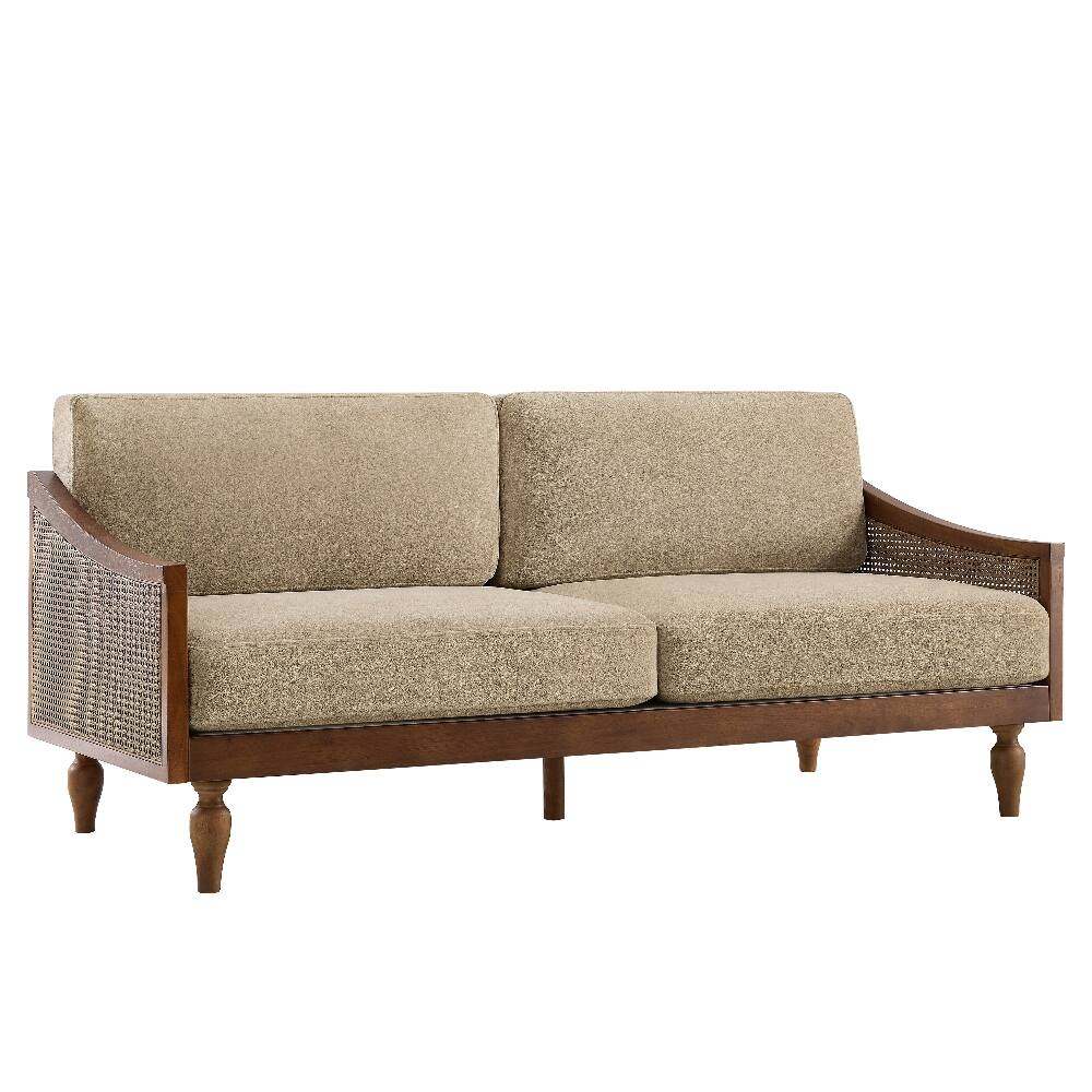 Alt View 4. Loheer - Loheer 70.9 Inch Mid-Century 3-Seater Sofa Light Brown Chenille Couch with Rattan Armrests - Light Brown.