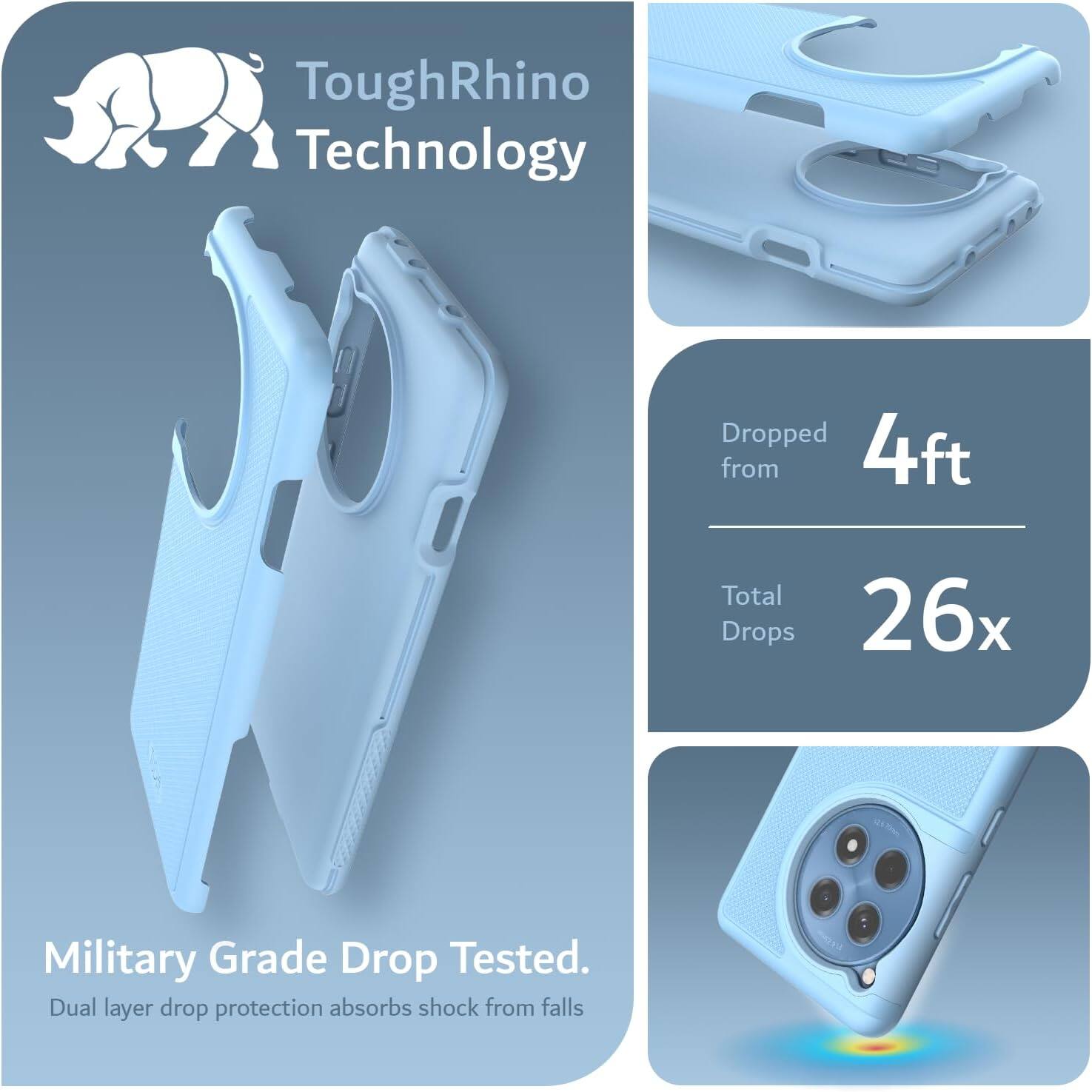 ToughRhino Technology

Dropped 4ft from Total Drops 26x

Military Grade Drop Tested.
Dual layer drop protection absorbs shock from falls